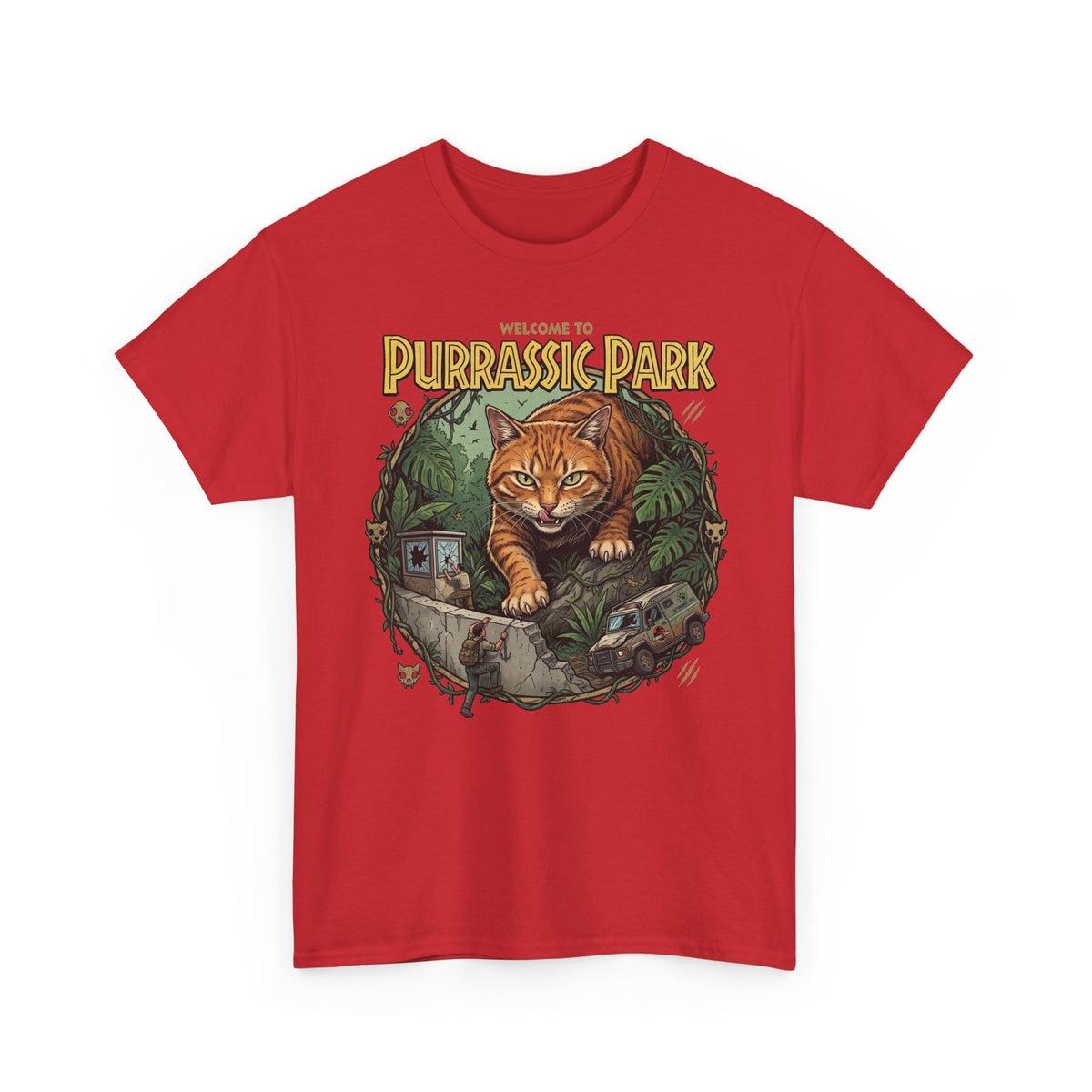 Purrassic Park Cat T‑Shirt — Retro Dino-Parody Graphic Tee