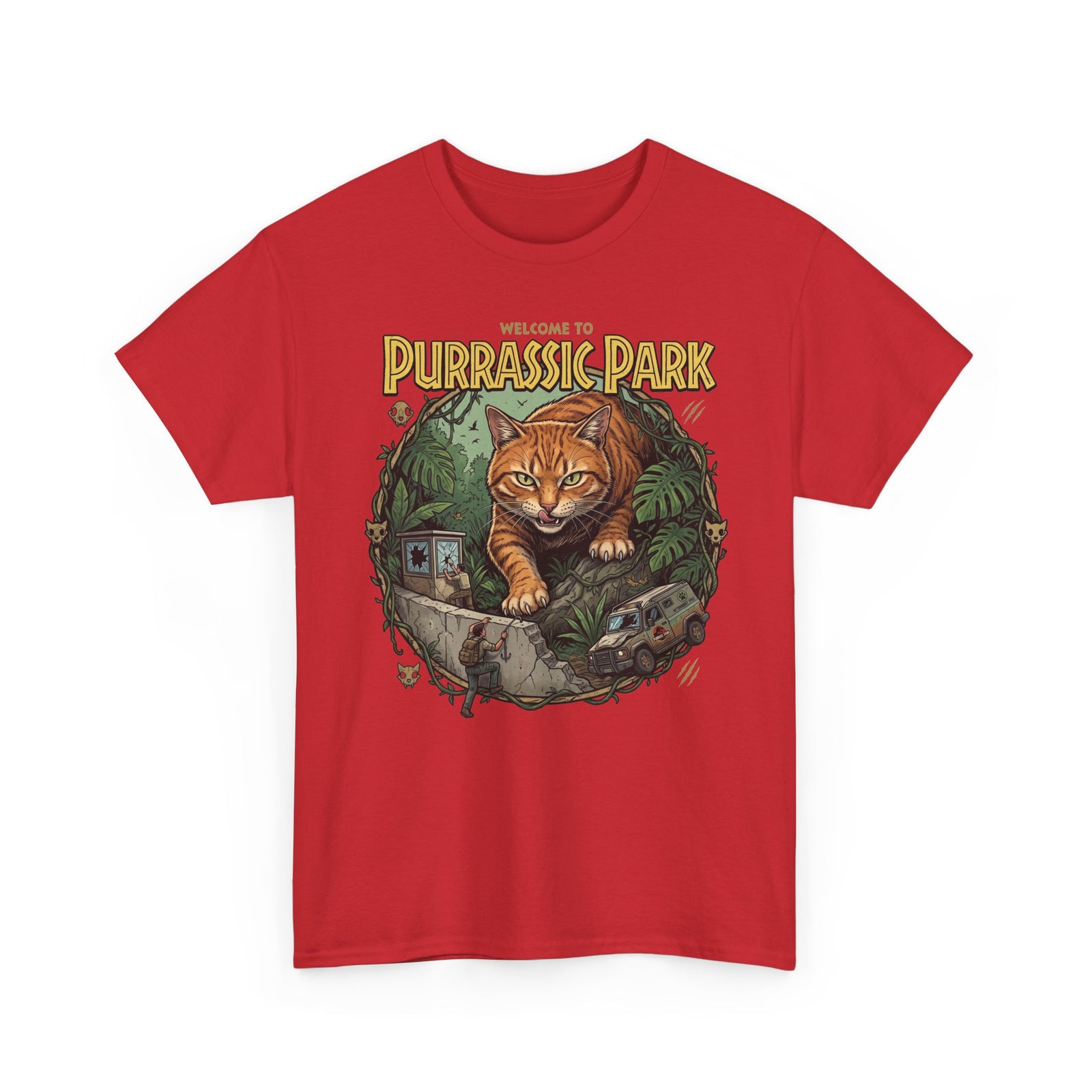 Purrassic Park Cat T‑Shirt — Retro Dino-Parody Graphic Tee