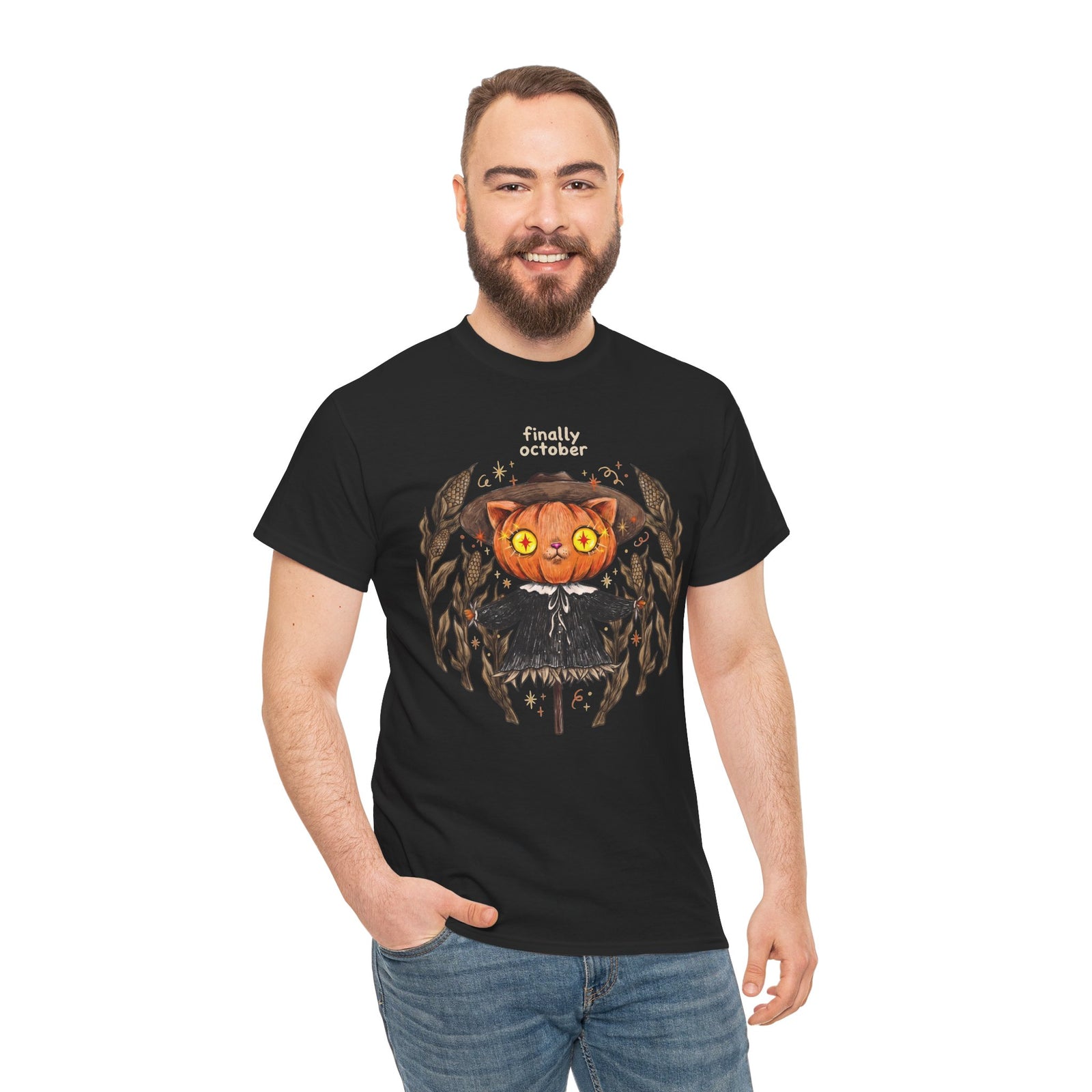Finally October Pumpkin Cat Scarecrow T-Shirt — Vintage Autumn Halloween Tee