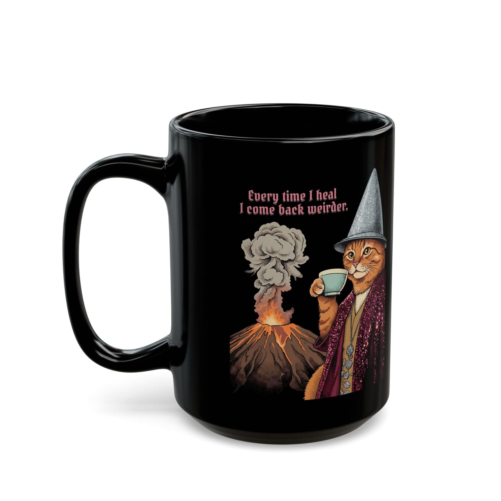 Weird Healing Journey Cat Black Mug — Retro Feline Tea Time Aesthetic Mug