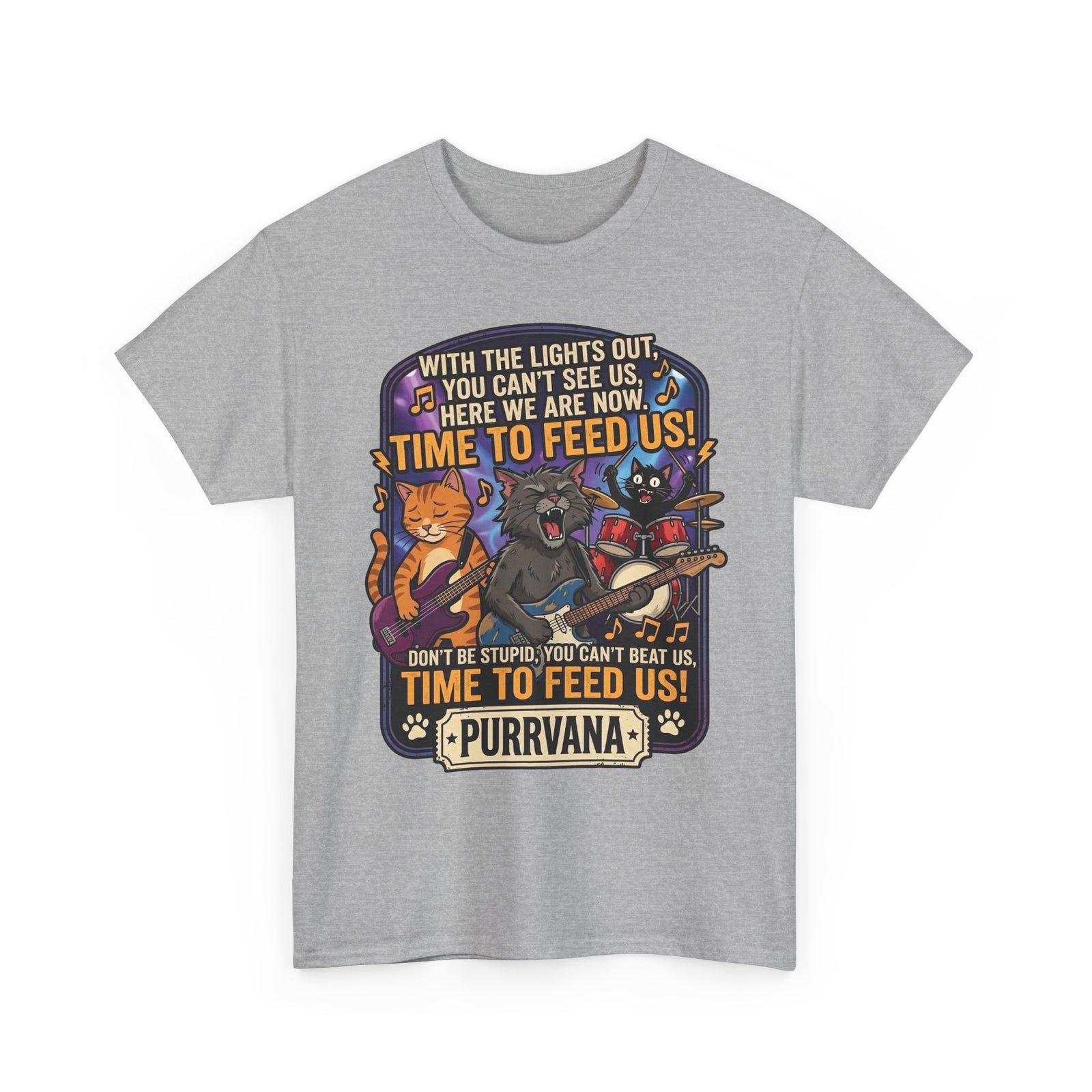 Purrvana Cat Band Graphic Tee — “Time to Feed Us!” Funny Cat Music T-Shirt