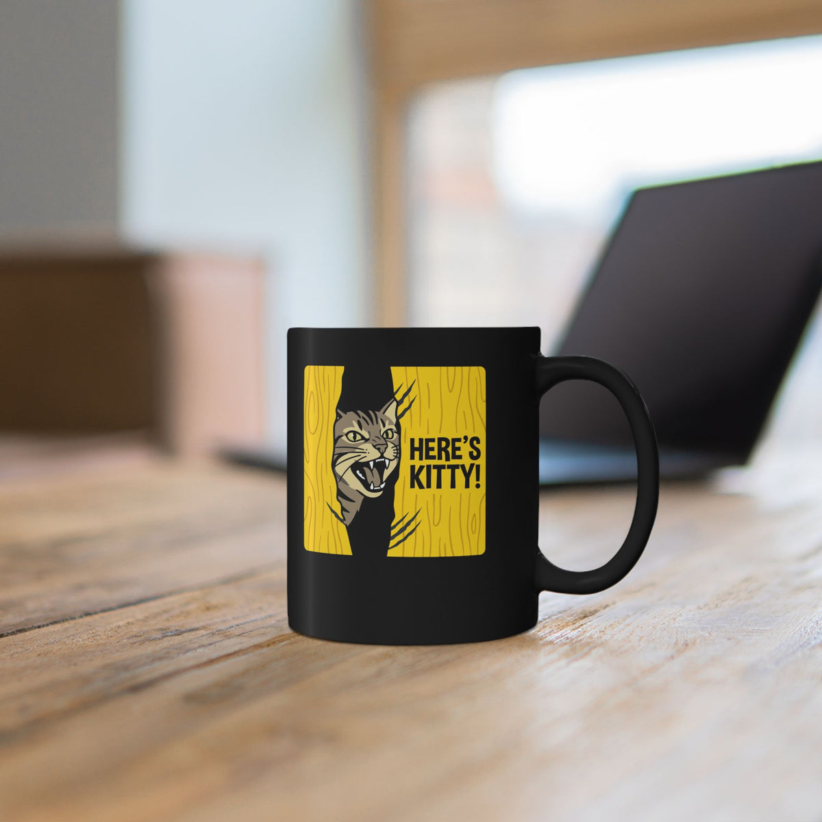 Funny Cat Parody Black Mug — "Here's Kitty" Graphic Mug