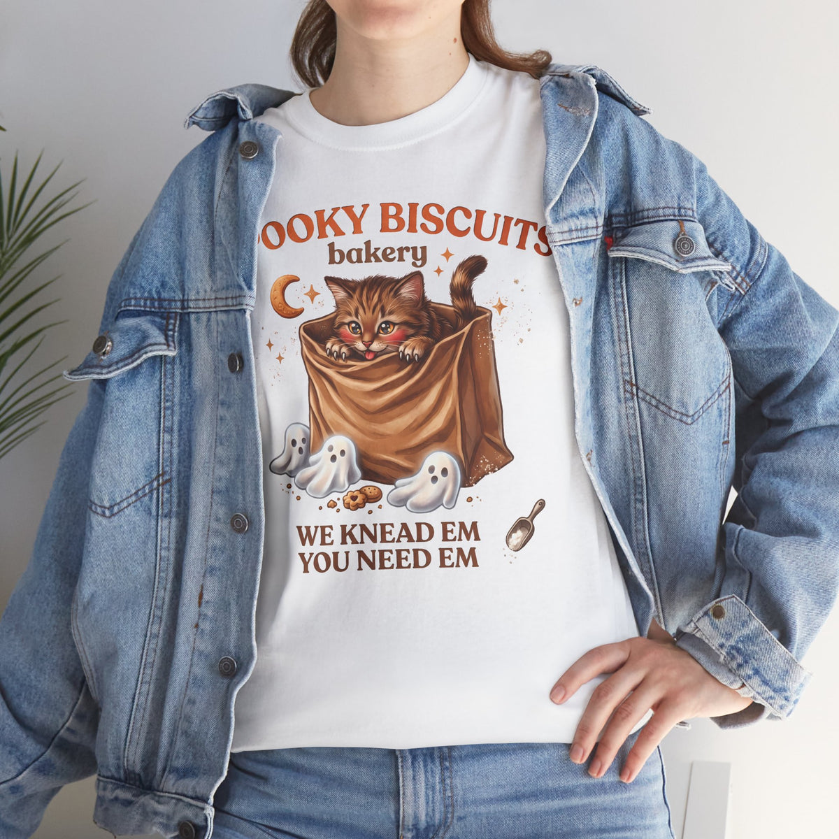 Spooky Biscuits Bakery Cute Tabby Cat T-Shirt — Whimsical Kneading Feline Tee