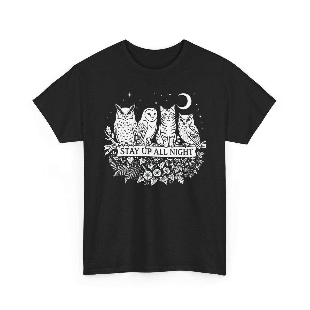 Cat Stays Up All Night T-Shirt — Cute Night Owl Cat Tee