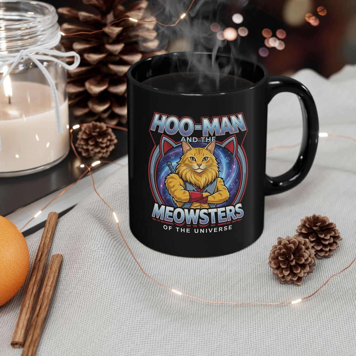 Hoo-Man and the Meowsters of the Universe Black Mug