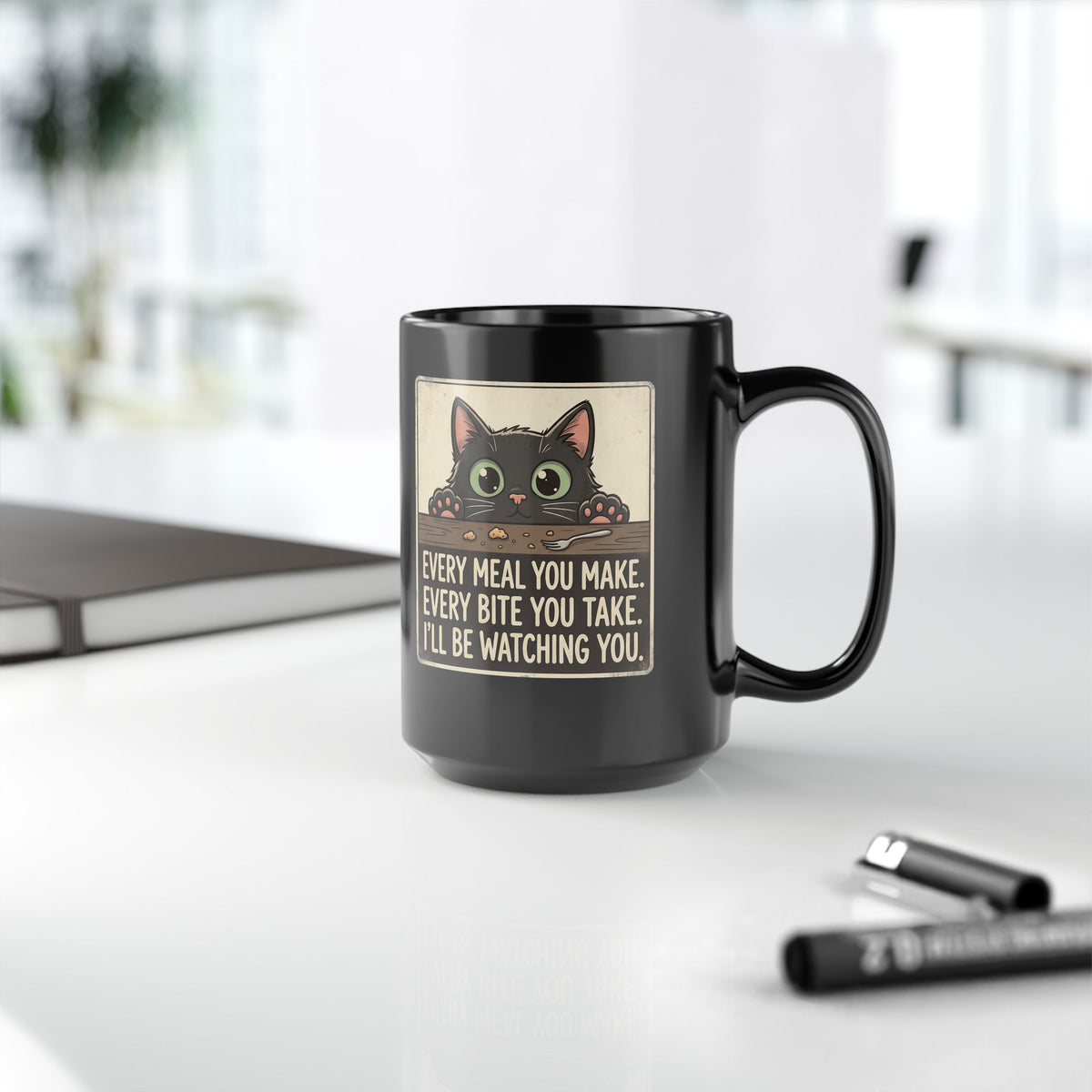 Cute Stalker Cat Watching You Black Mug — Funny Cat Lover Mug