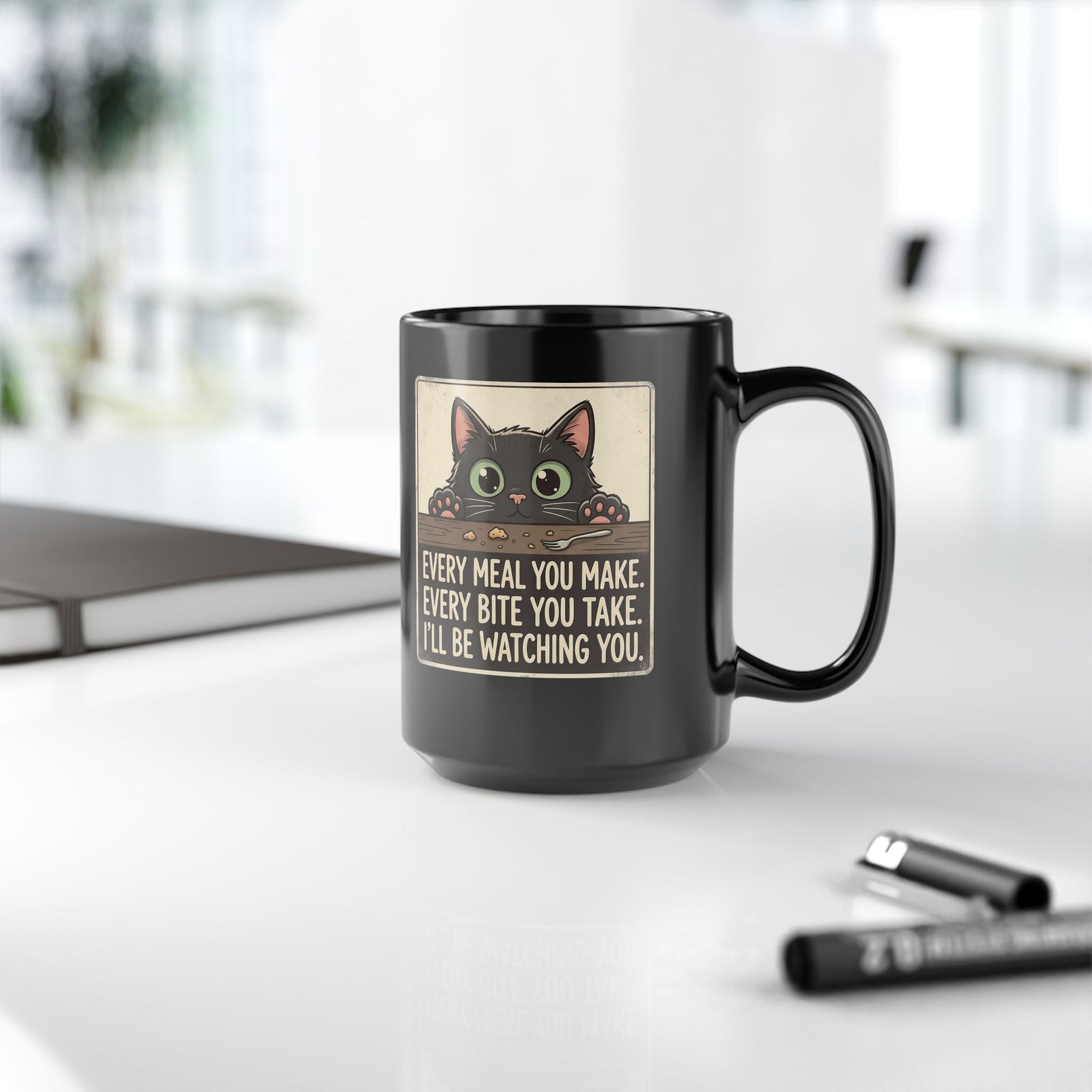 Cute Stalker Cat Watching You Black Mug — Funny Cat Lover Mug