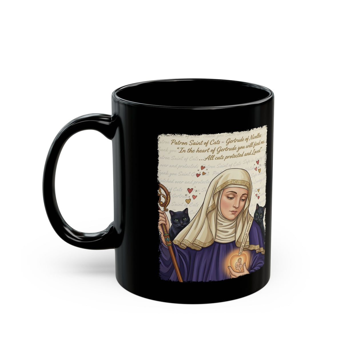 Gertrude of Nivelles "All Cats Protected and Loved" Black Mug