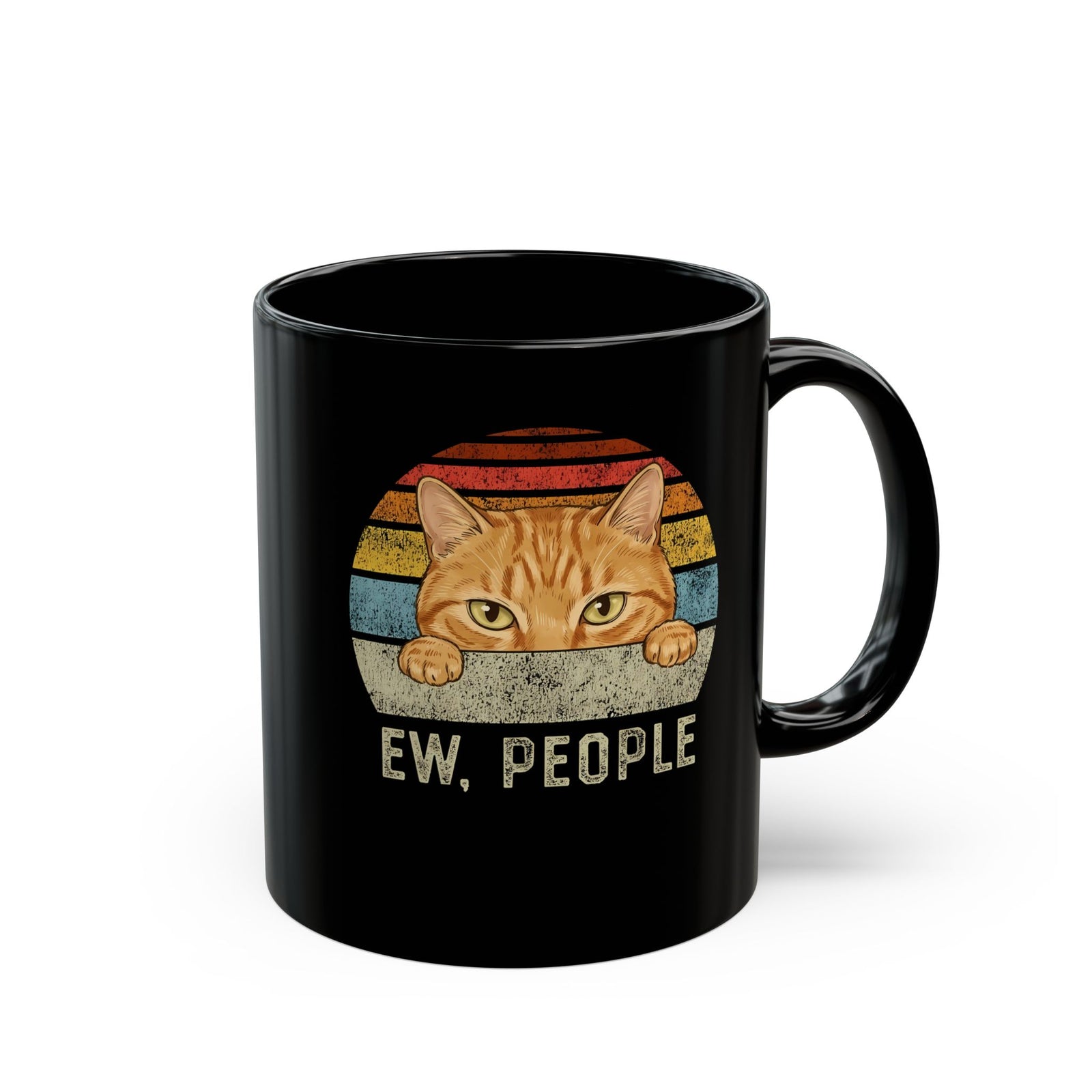 Ew People Orange Cat Black Mug — Funny Retro Sunset Introvert Graphic Mug