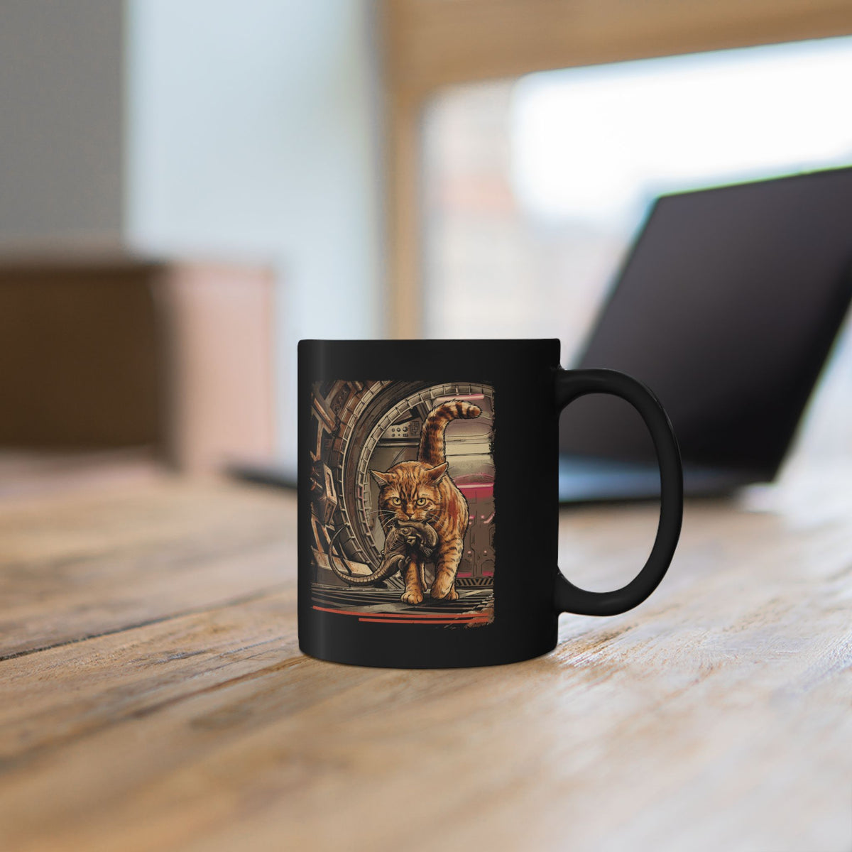 Alien Pest Control Cat Black Mug — Retro Sci-Fi Space Drinkware