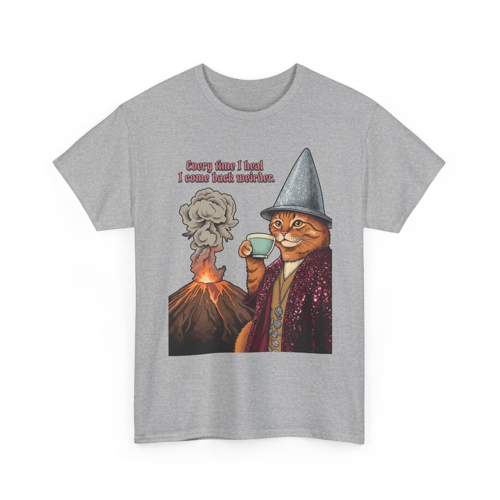 Weird Healing Journey Cat T-Shirt — Retro Feline Tea Time Aesthetic Shirt
