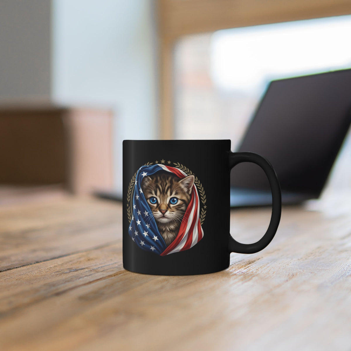Patriotic American Flag Cat Black Mug Cute Kitten USA Pride