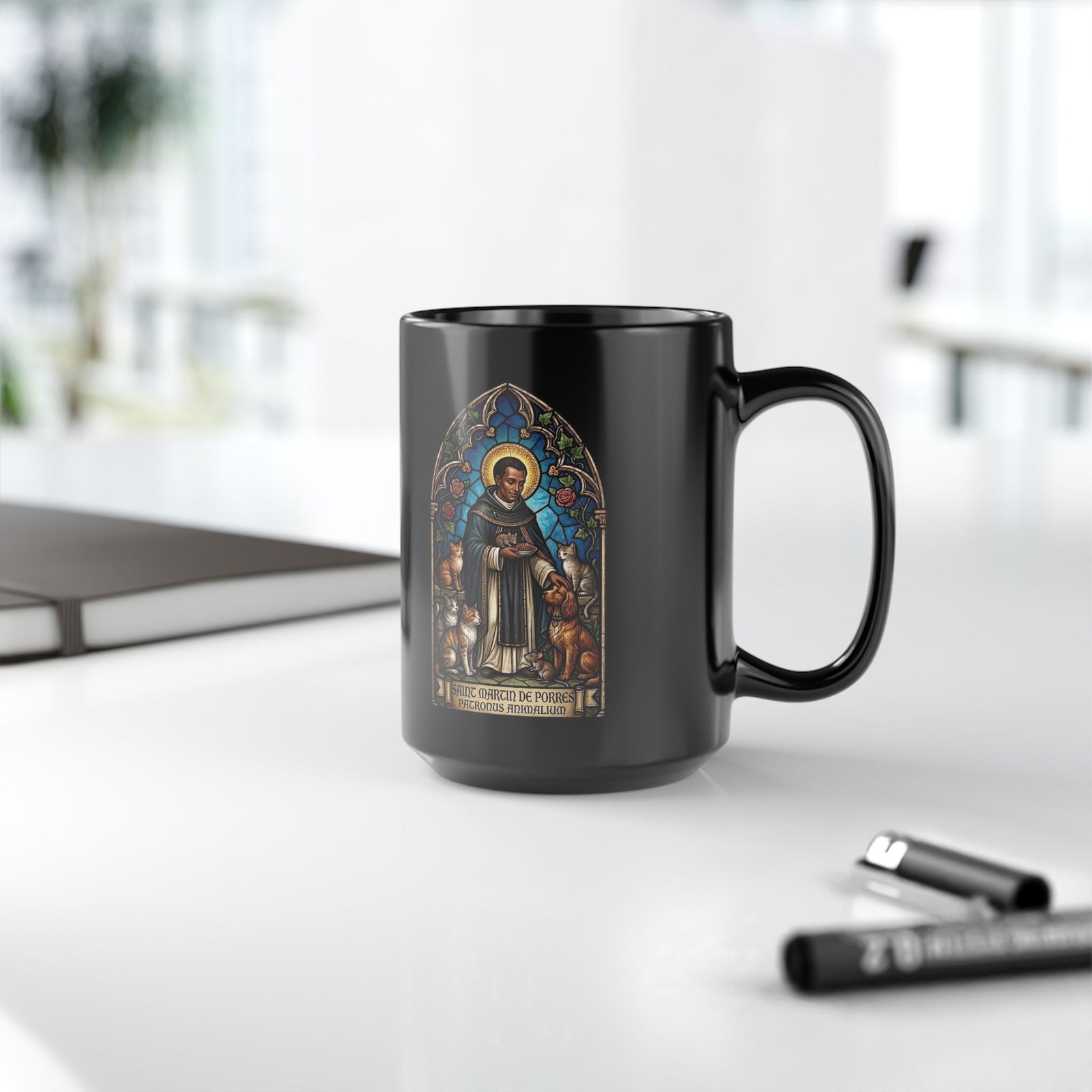 Saint Martin de Porres Cat Lovers Black Mug — Patron of Animals Mug