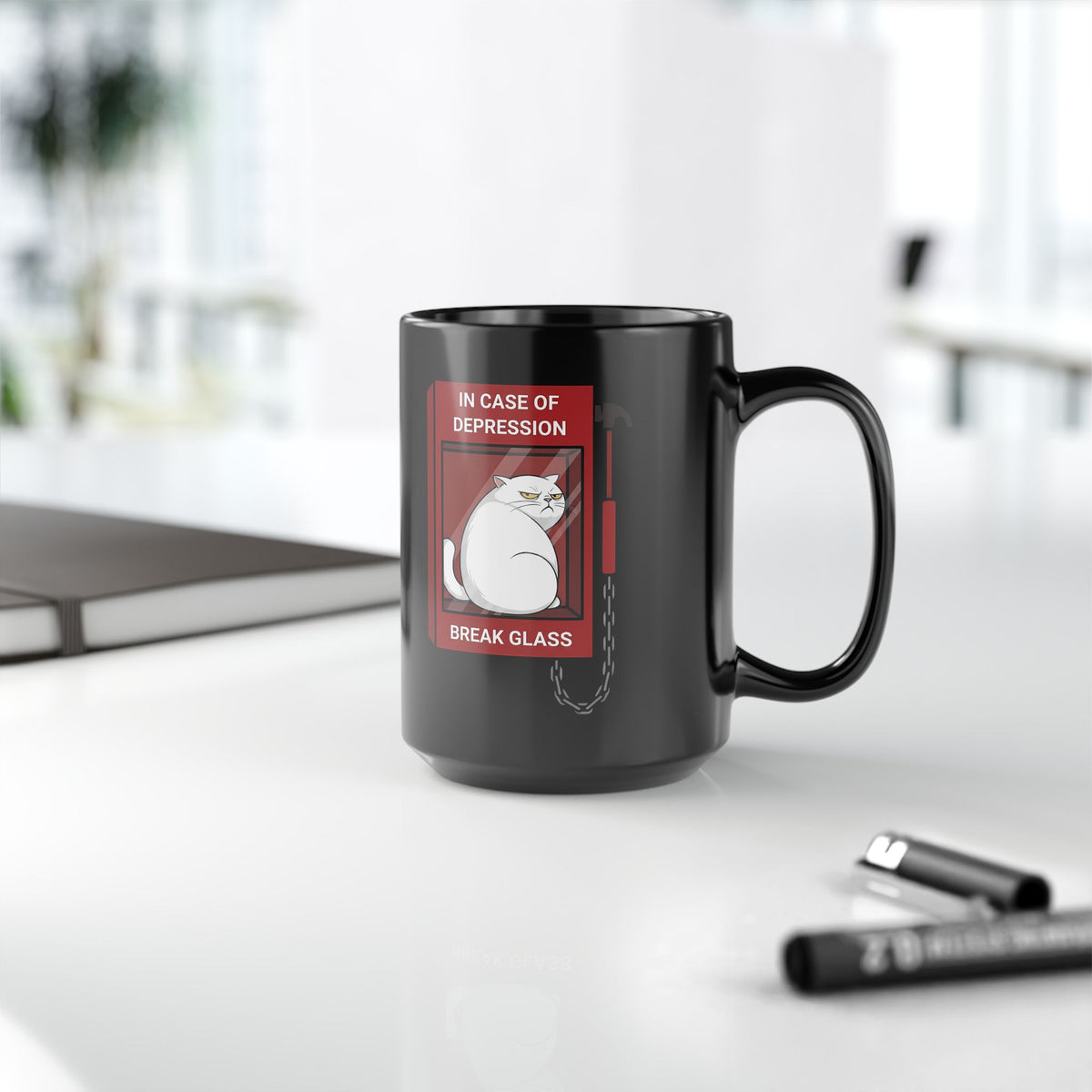 In Case Of Depression Break Glass Black Mug — Funny Grumpy White Cat Emergency Mug