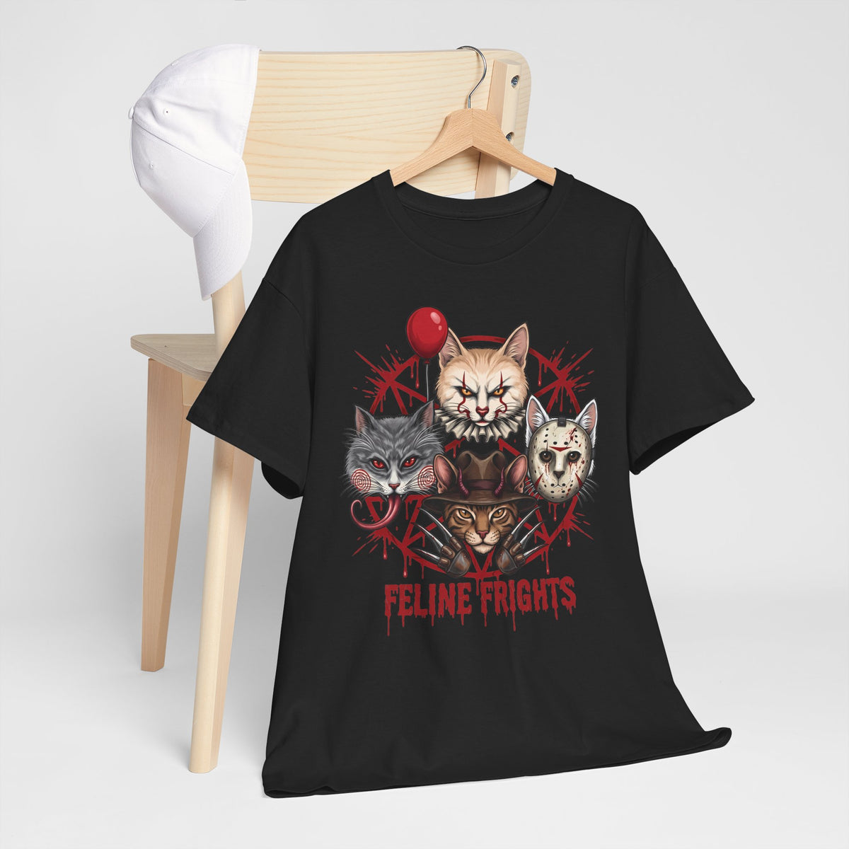 Funny Feline Frights T-Shirt — Slasher Movie Icons Cat Parody Apparel