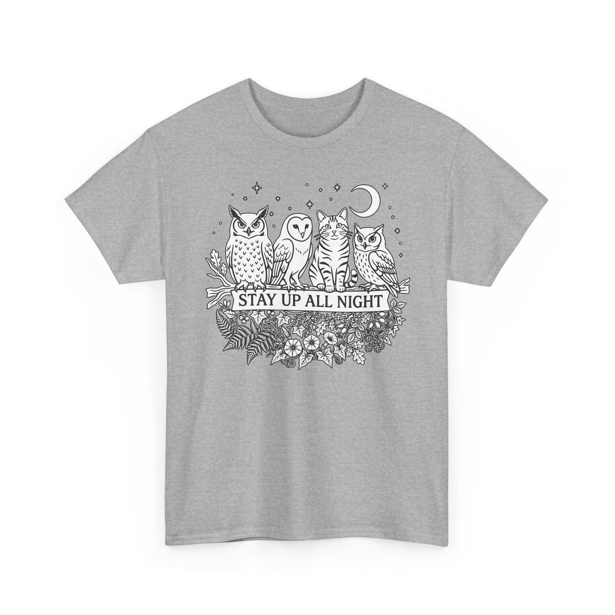 Cat Stays Up All Night T-Shirt — Cute Night Owl Cat Tee
