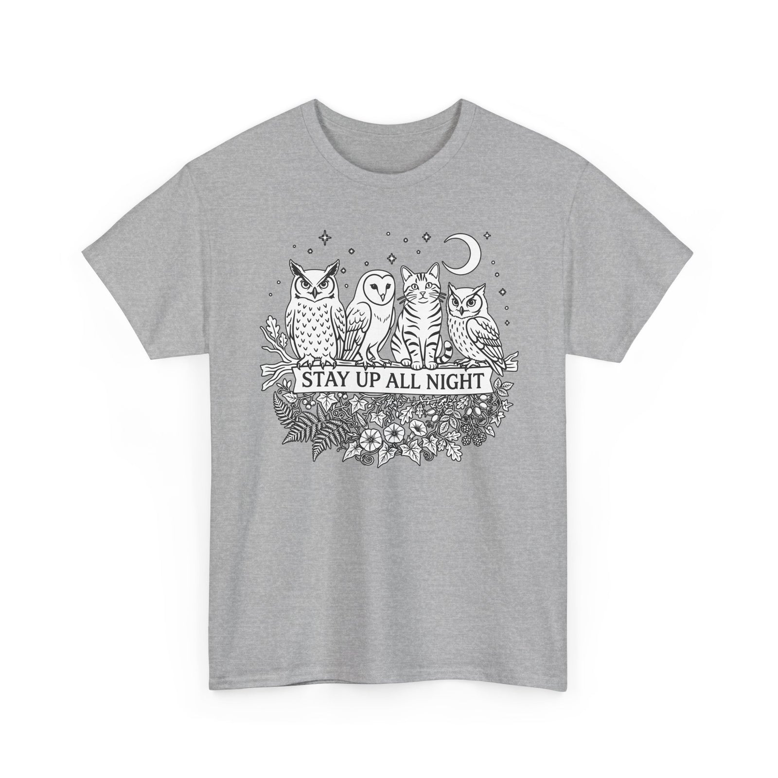 Cat Stays Up All Night T-Shirt — Cute Night Owl Cat Tee