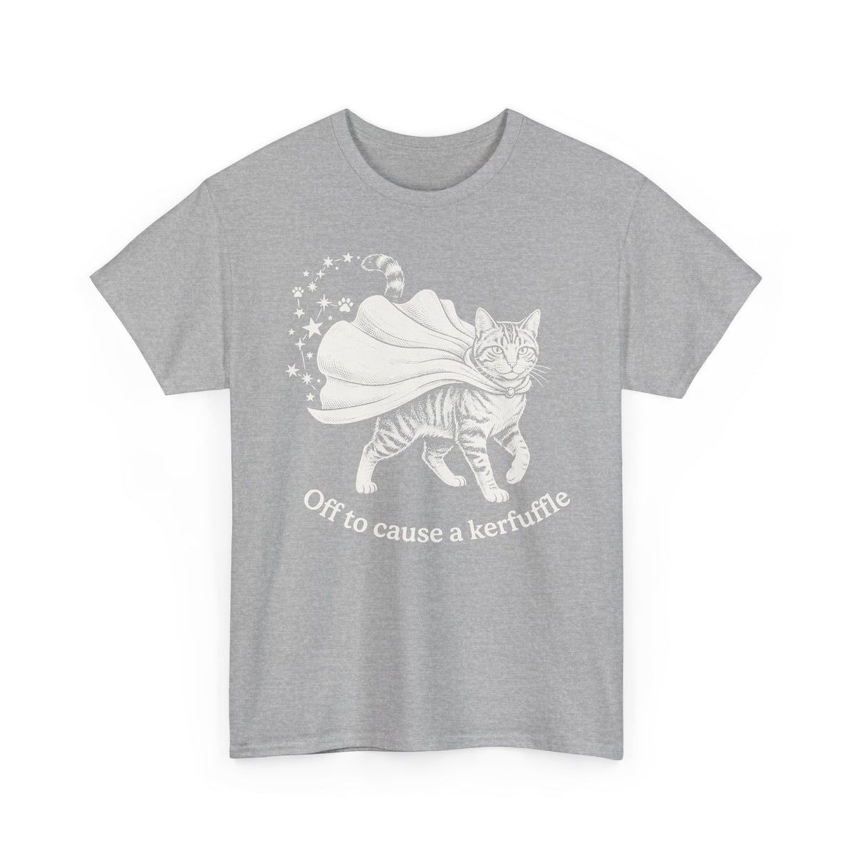 Cat Cape T-Shirt — "Off to cause a kerfuffle" Cute Mischief Cat Tee