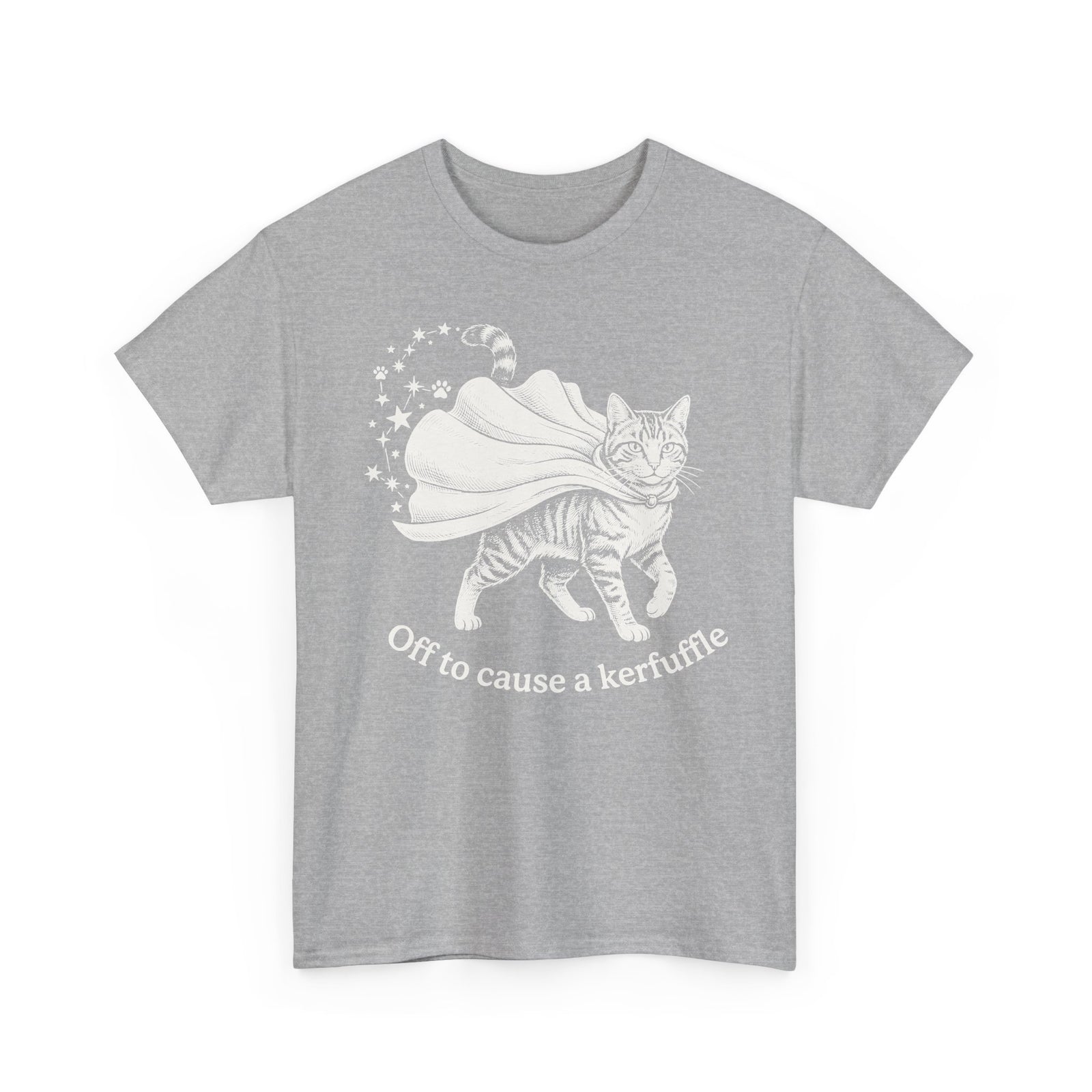 Cat Cape T-Shirt — "Off to cause a kerfuffle" Cute Mischief Cat Tee