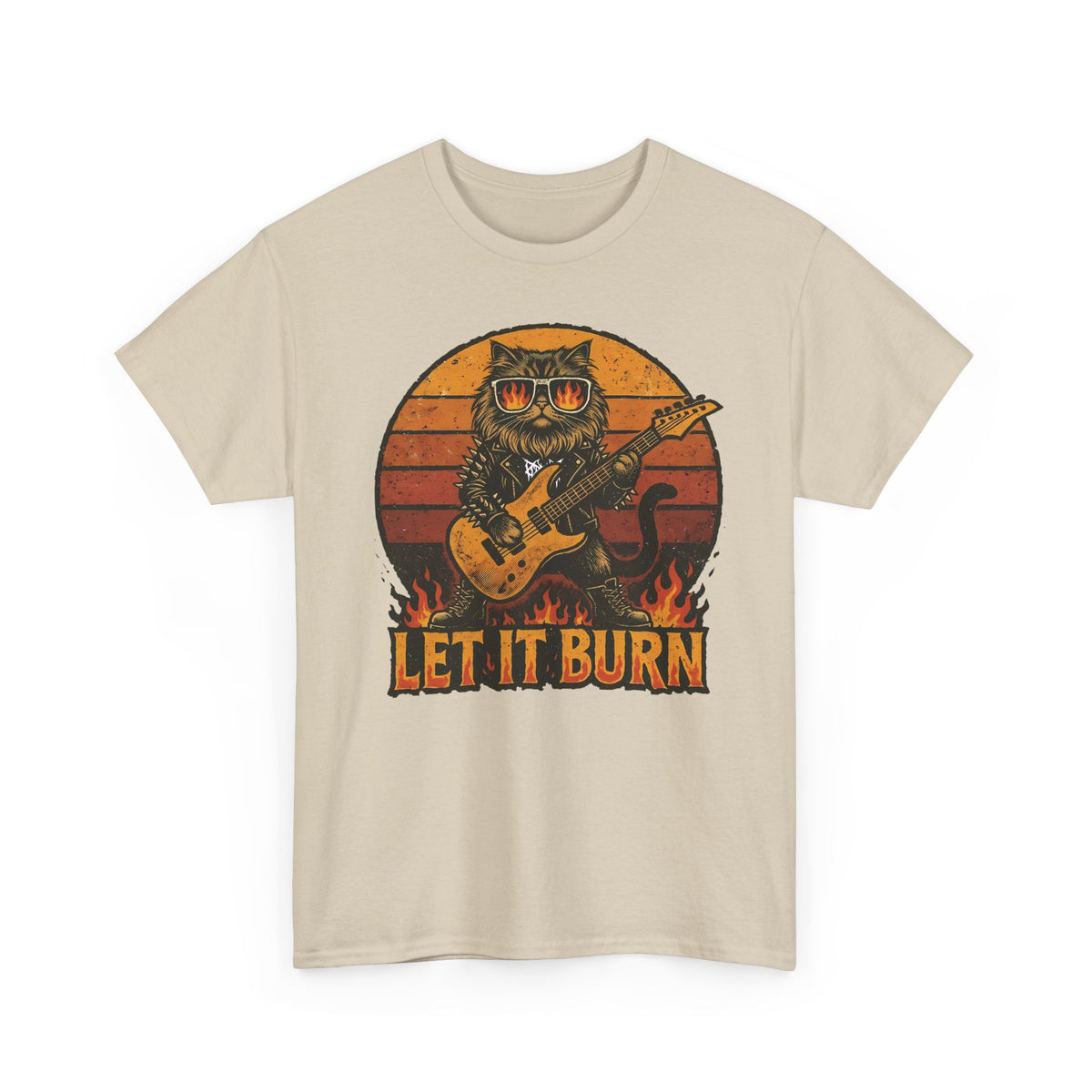 Let It Burn Rocker Cat T-Shirt — Heavy Metal Guitar Feline Graphic