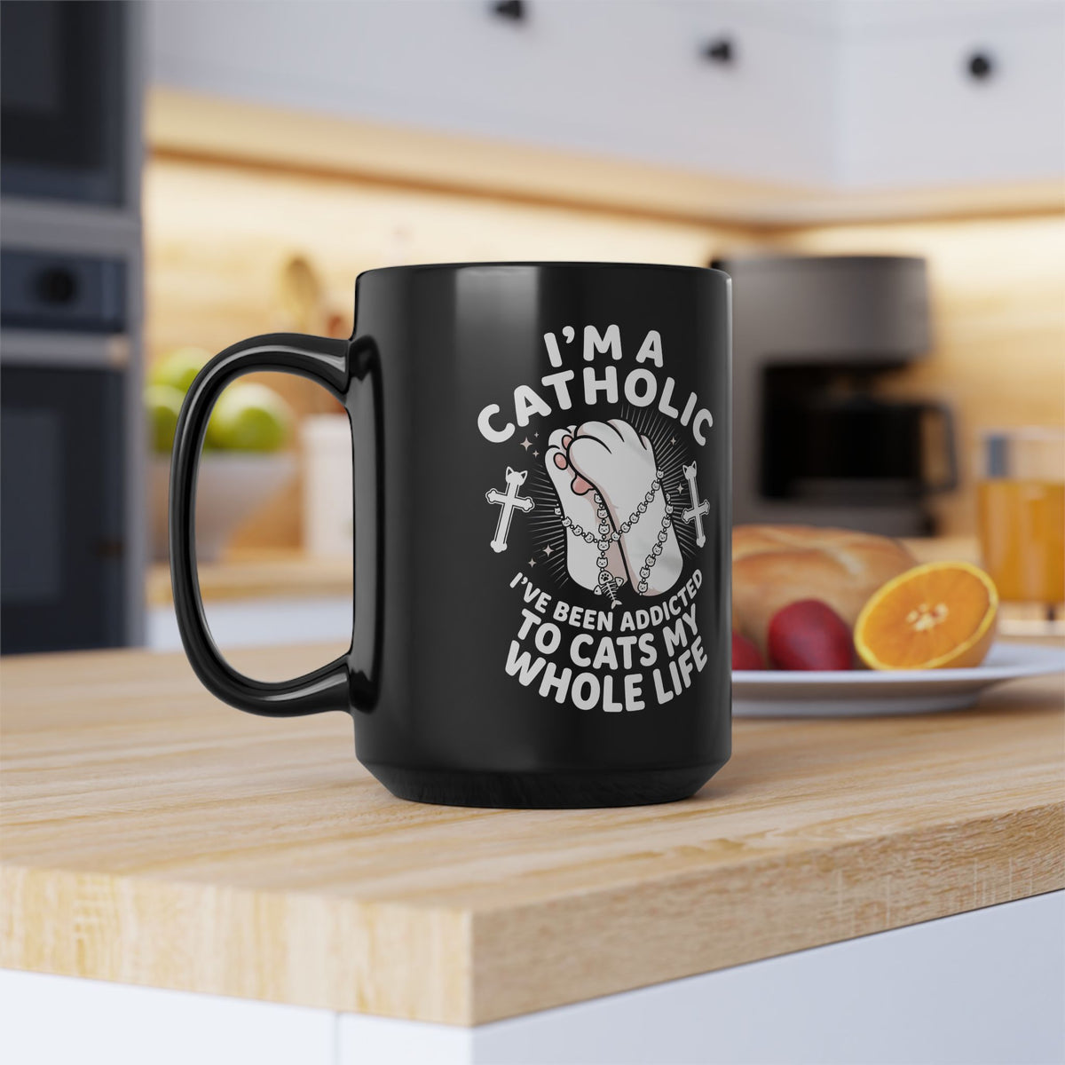 Catholic Cat Lover Black Mug — "I'm a Catholic, I've Been Addicted to Cats My Whole Life"