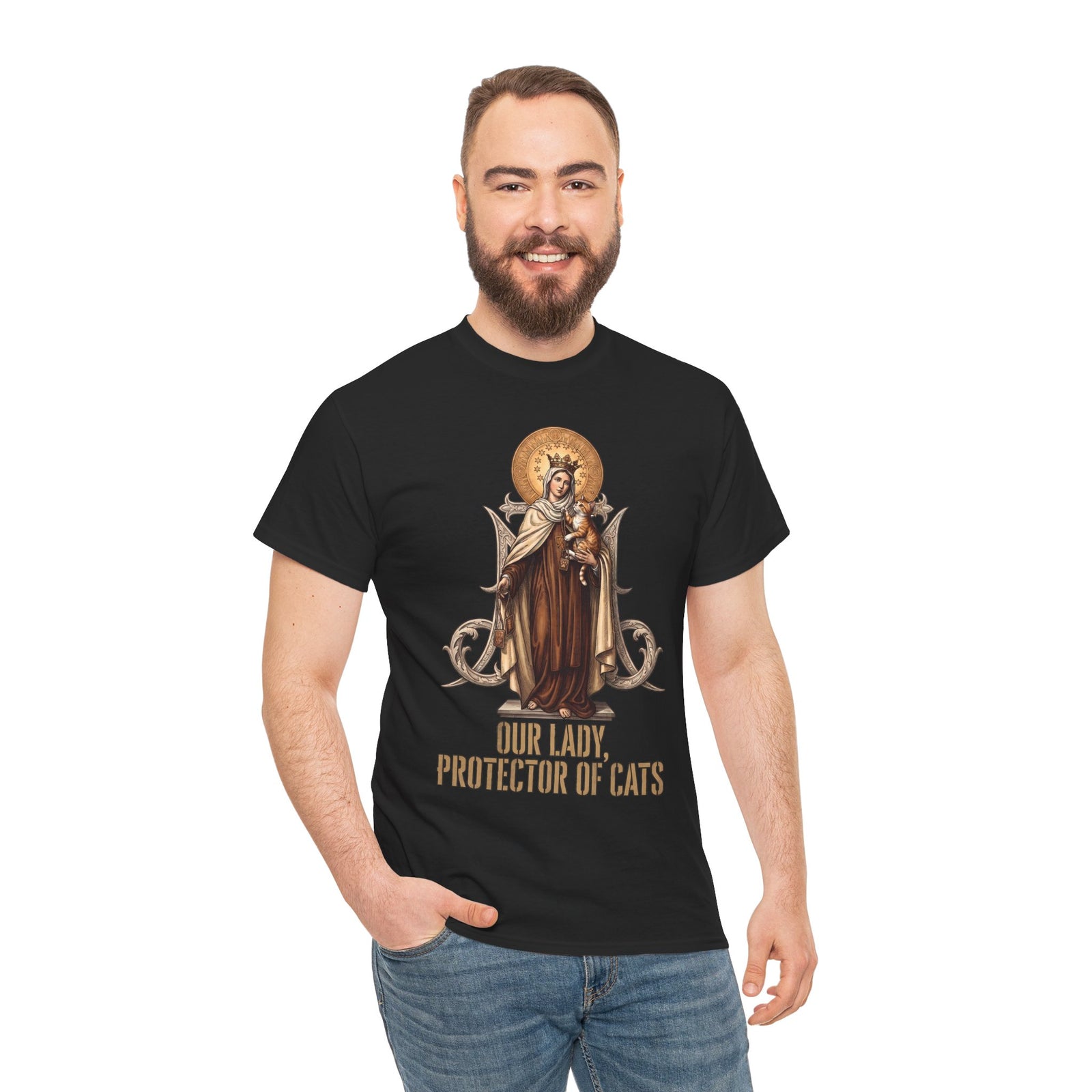 Our Lady Protector Of Cats T-Shirt — Sacred Feline Religious Parody Tee