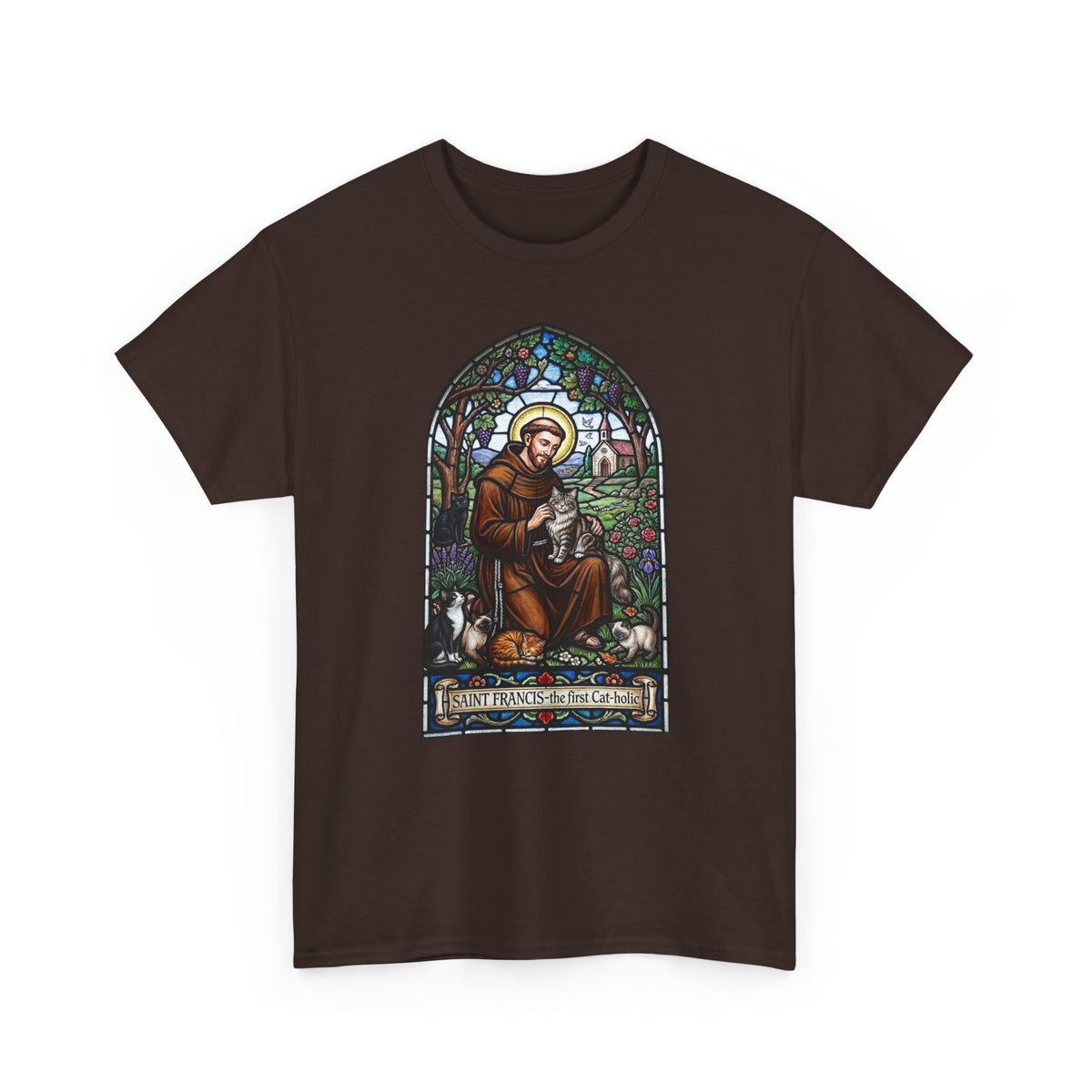 Saint Francis Cat T-Shirt — "SAINT FRANCIS — the first Cat-holic"
