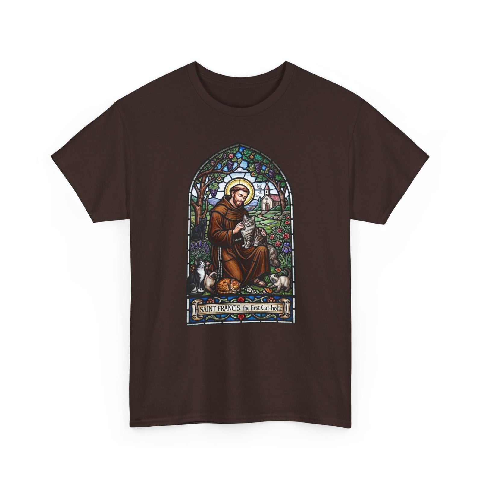 Saint Francis Cat T-Shirt — "SAINT FRANCIS — the first Cat-holic"