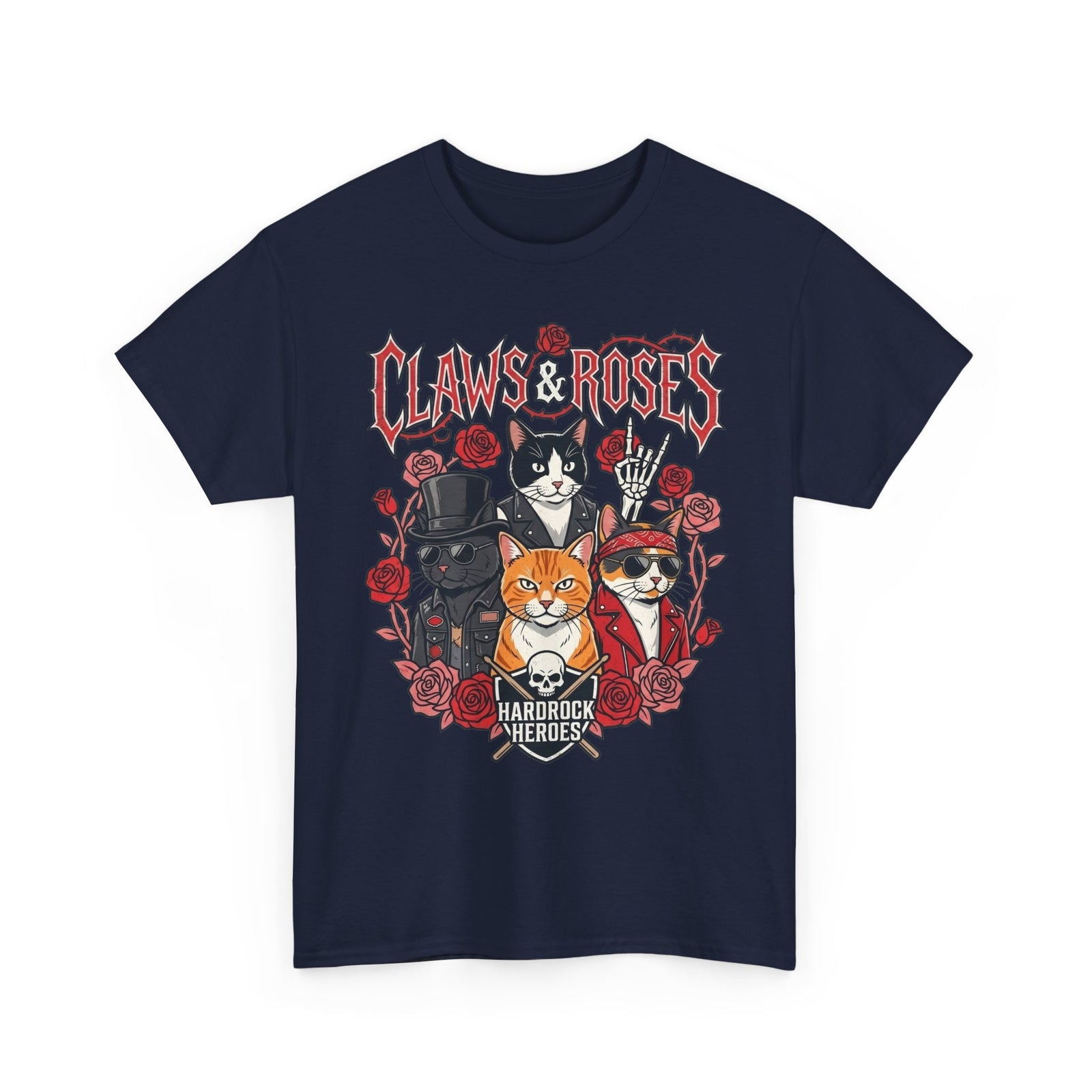 Claws & Roses Cat Band Tee - Rock 'N' Roll Feline Graphic T-Shirt