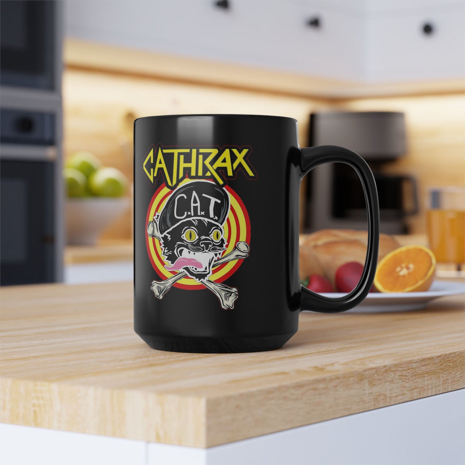 Cathrax Parody Cat Black Mug — Heavy Metal Band Cat Graphic Mug