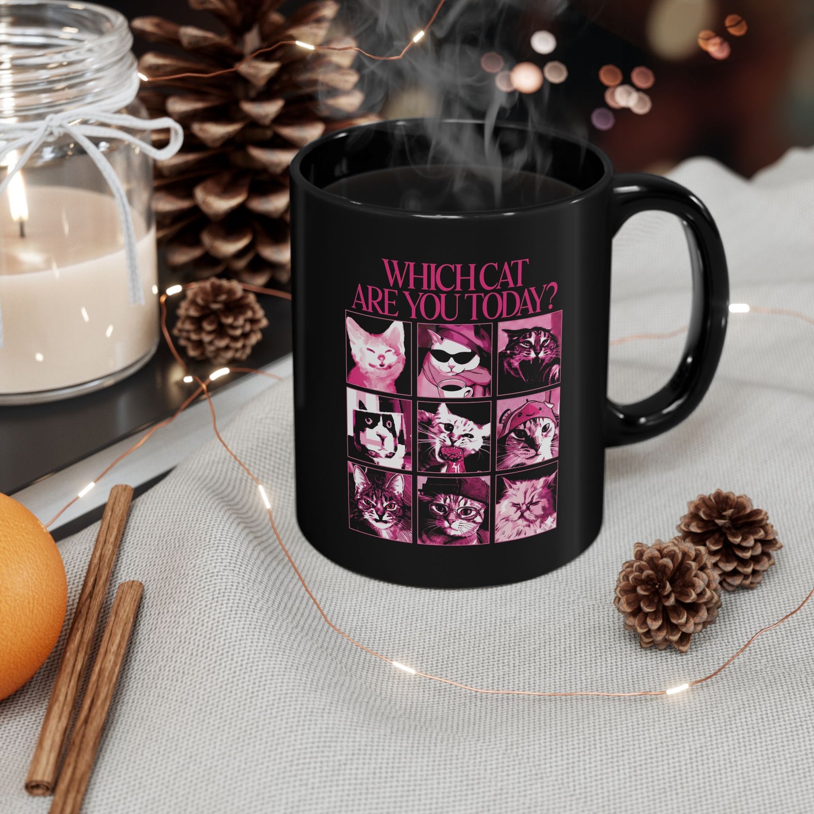 Cat Mood Chart Black Mug — Pink Pop Art Feline Expressions Graphic