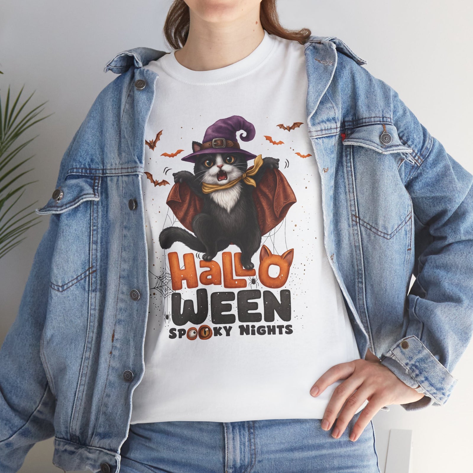 Halloween Spooky Nights Tuxedo Cat T-Shirt — Cute Flying Witch Cat Tee