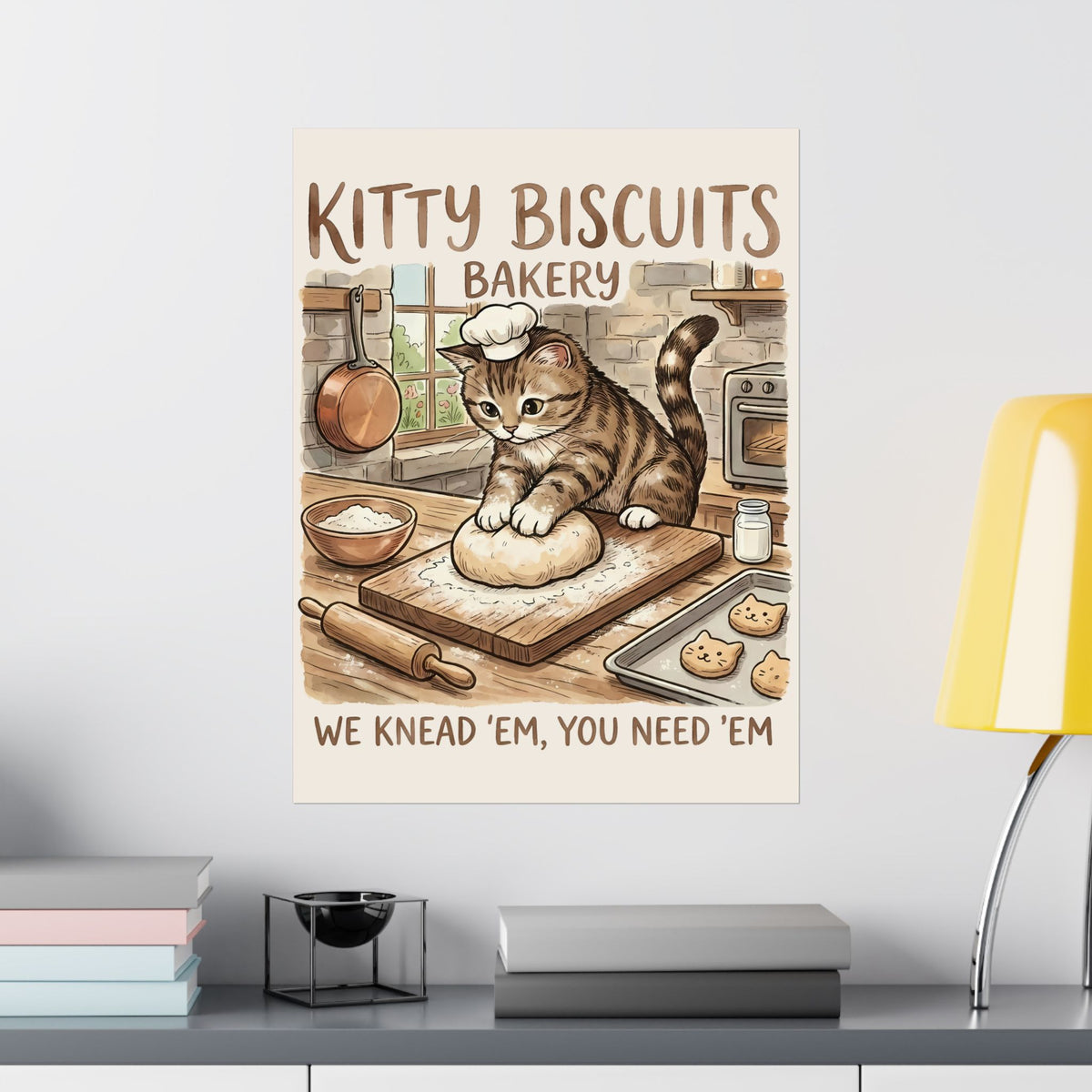 Kitty Biscuits Bakery Poster — "We Knead 'Em We Need 'Em" Cat Bakery Poster