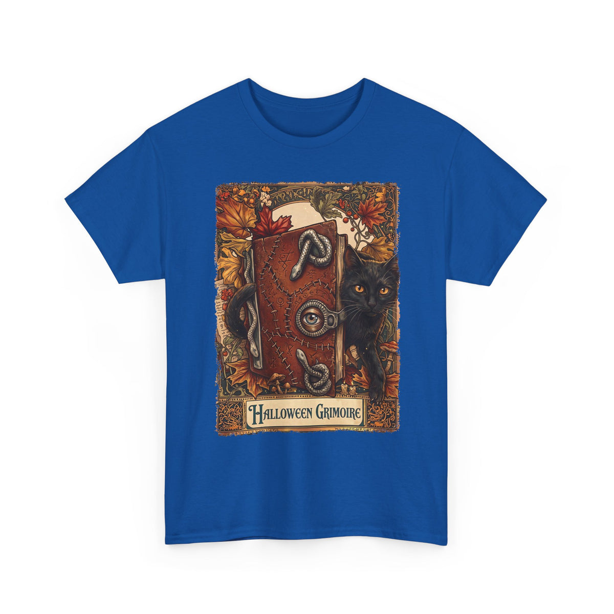 Halloween Grimoire Spellbook Black Cat T-Shirt — Witchy Autumn Magic Tee