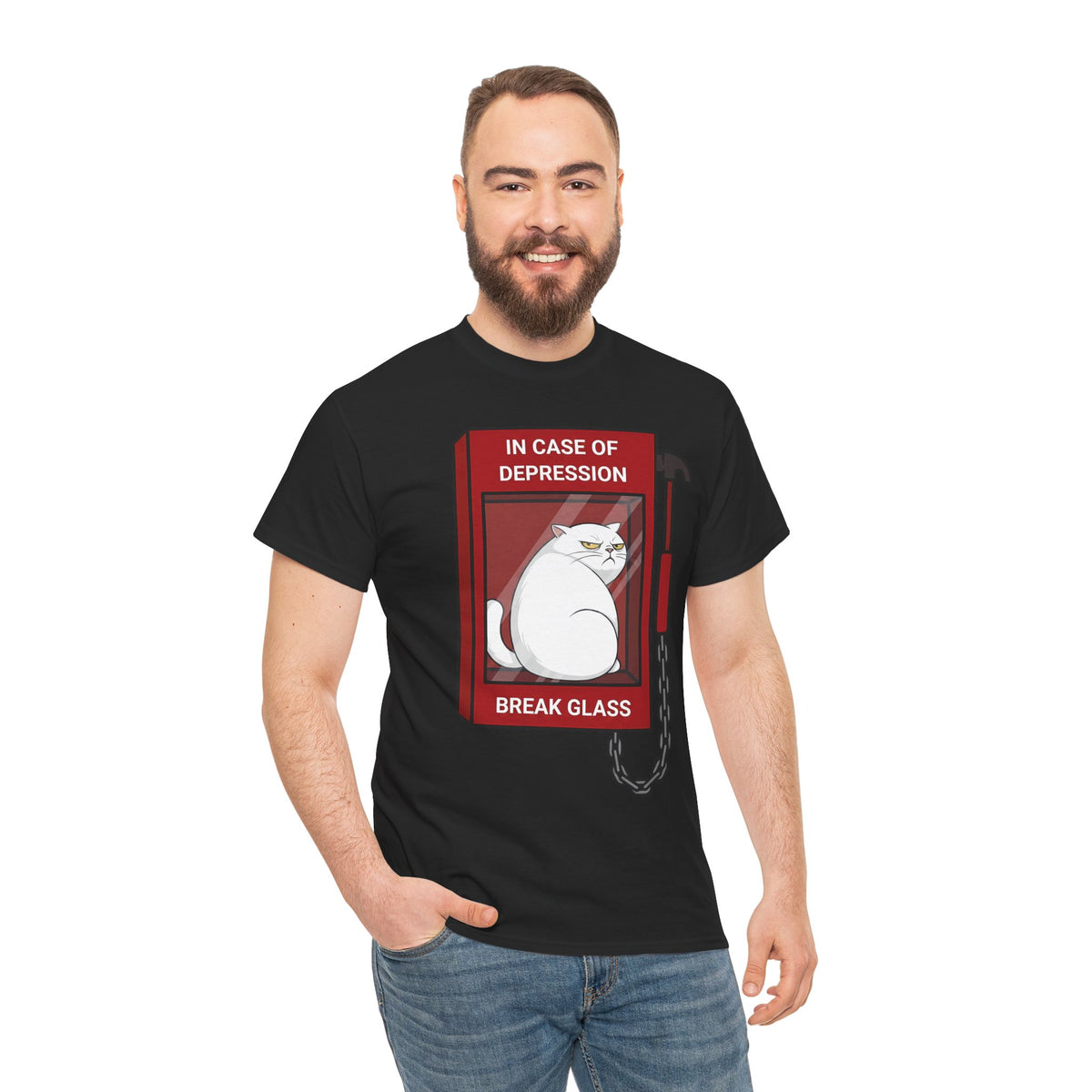 In Case Of Depression Break Glass T-Shirt — Funny Grumpy White Cat Emergency Tee
