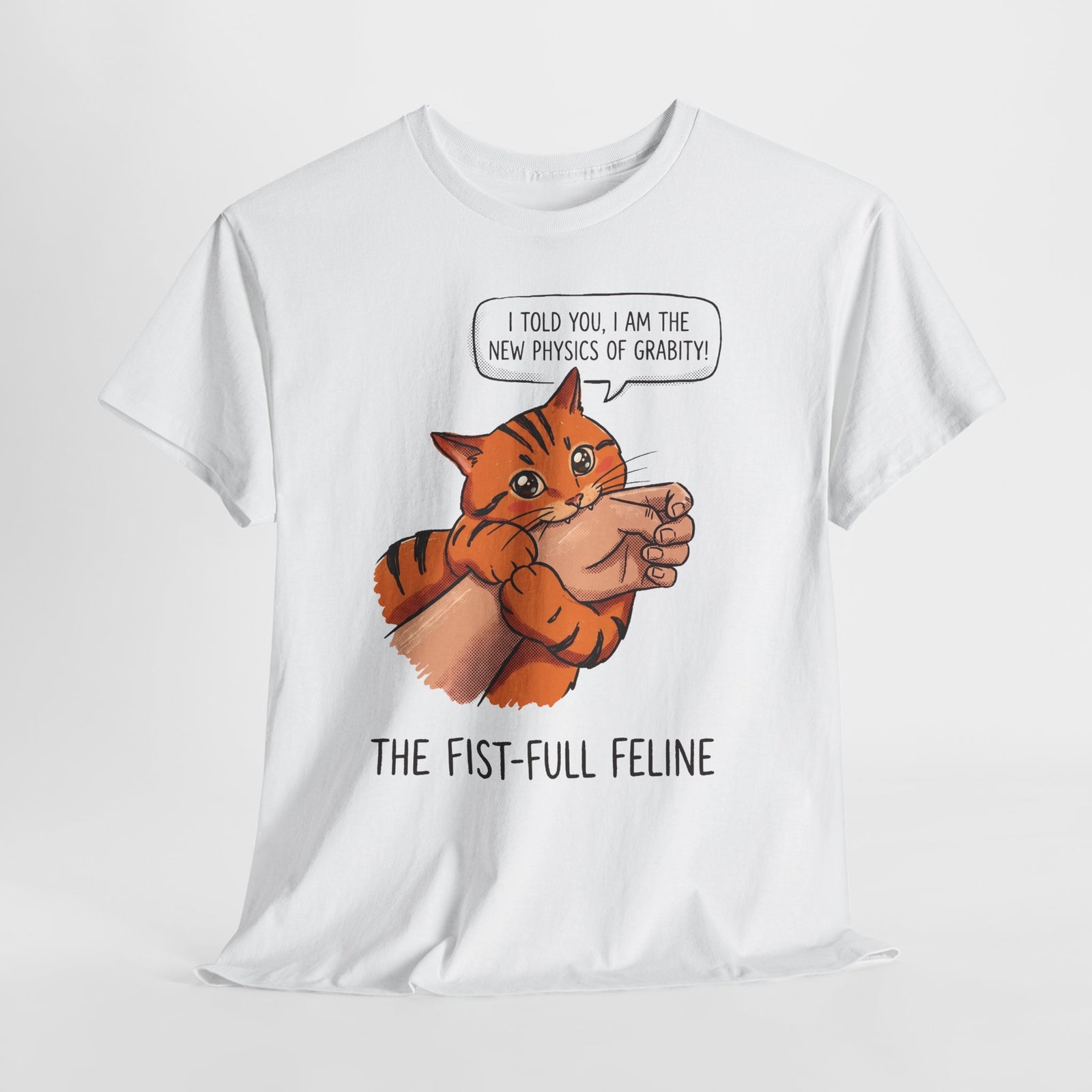 The New Physics Of Grabity T-Shirt — Funny Orange Cat Biting Hand Tee