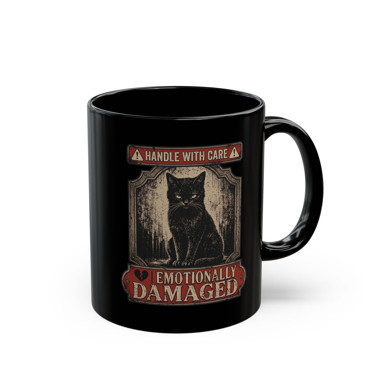 Emotionally Damaged Cat Black Mug – "Handle With Care" Vintage Black Mug