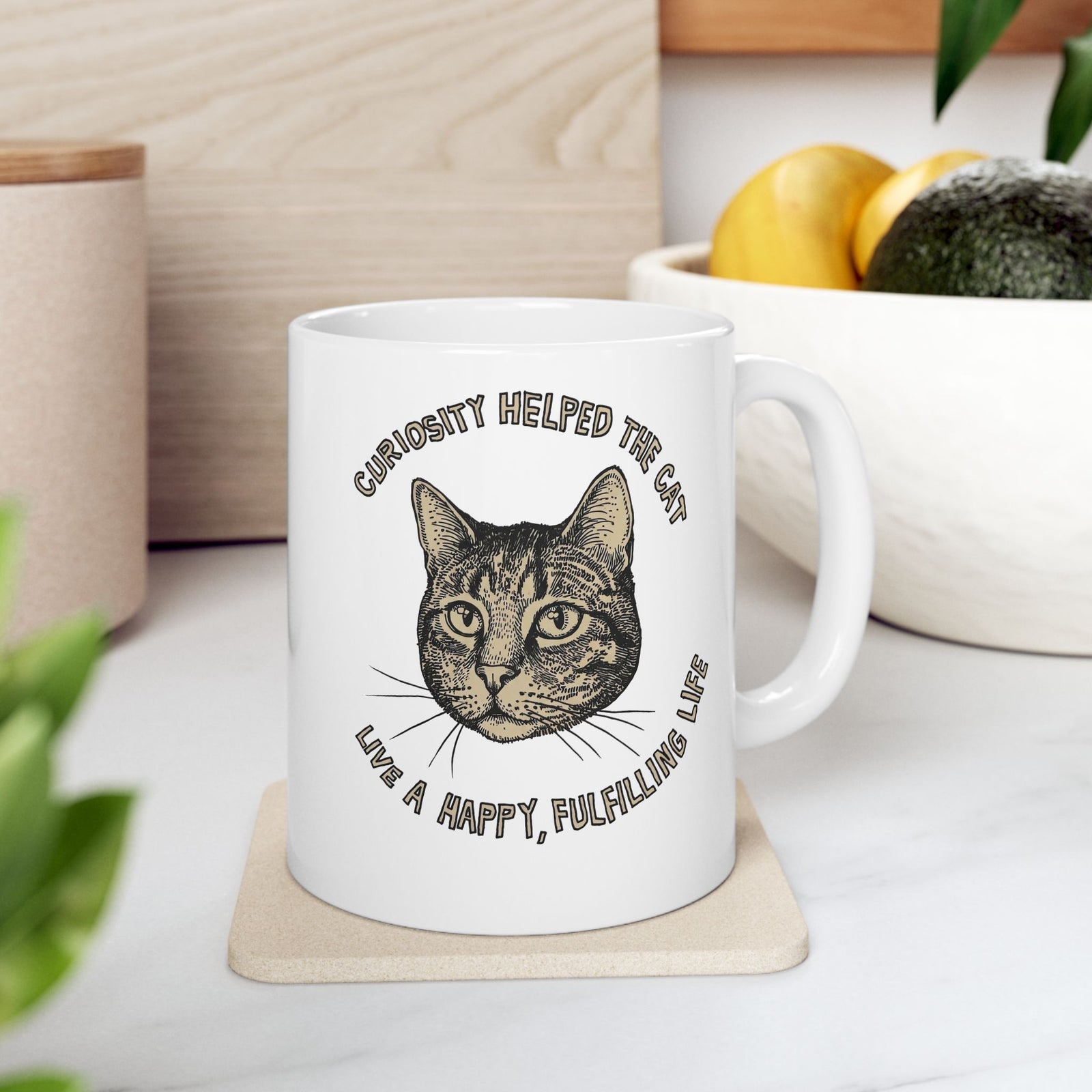 Curiosity Helped The Cat Ceramic Mug — Funny Cat Lover Mug