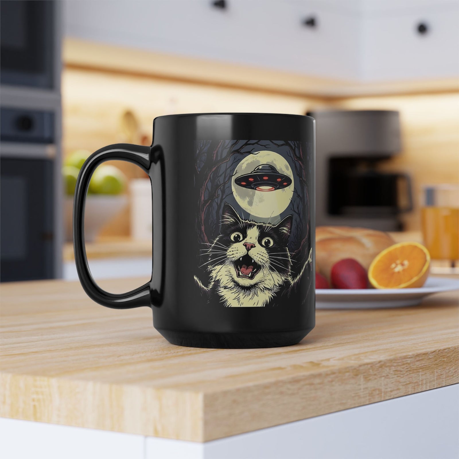 Cat Selfie With UFO Black Mug