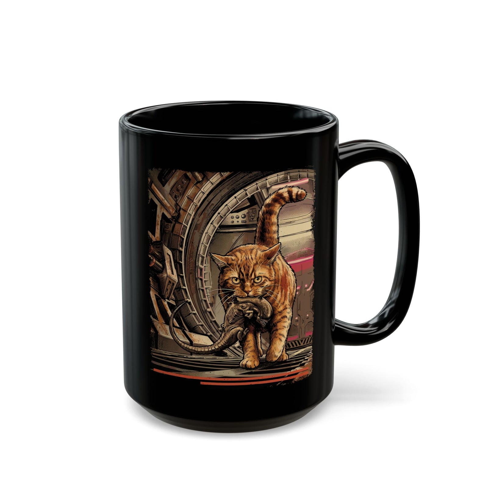 Alien Pest Control Cat Black Mug — Retro Sci-Fi Space Drinkware