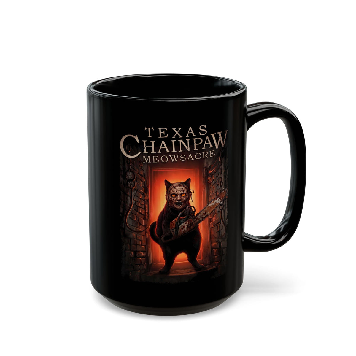 Texas Chainpaw Meowsacre Black Mug — Funny Horror Black Cat Parody Mug