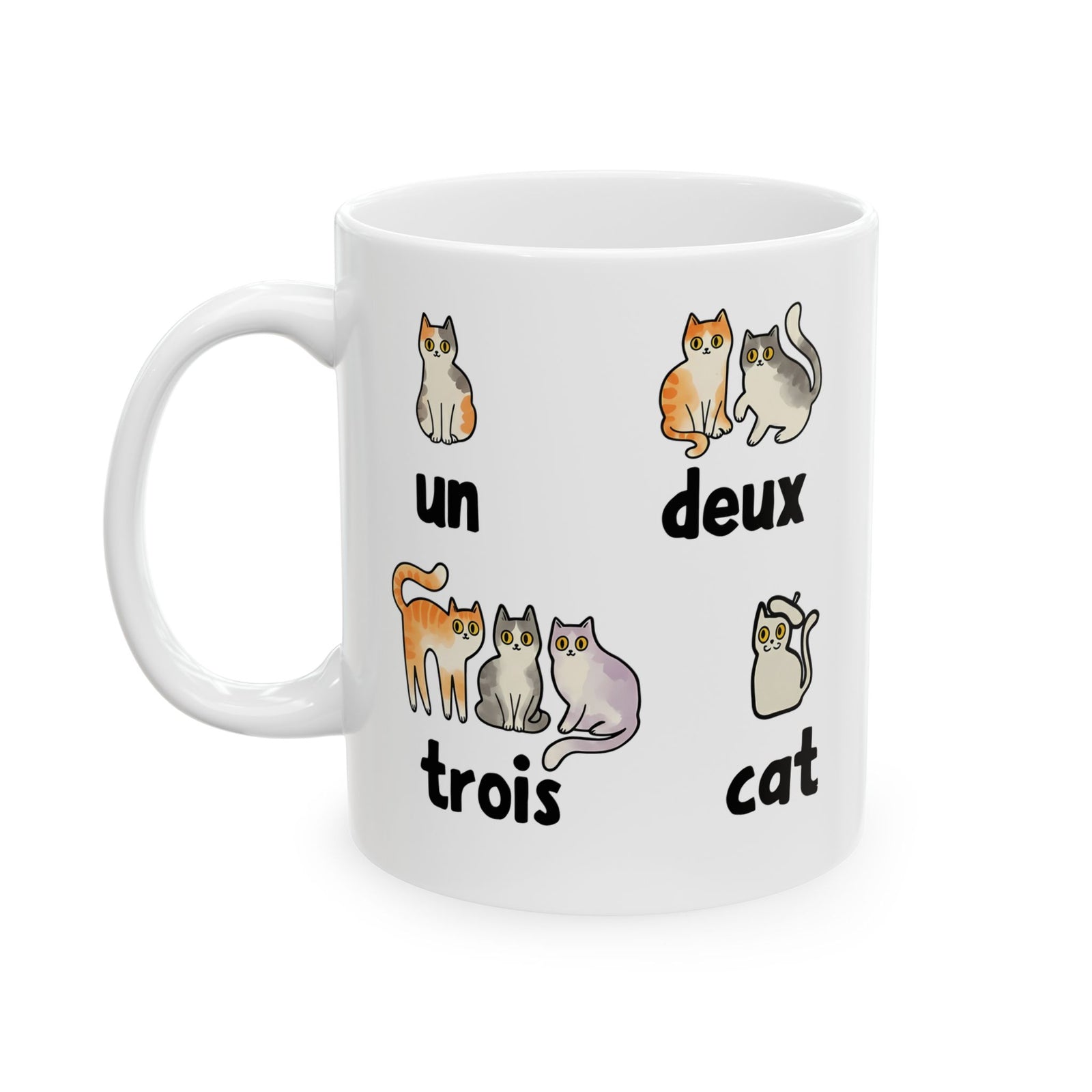 Un Deux Trois Cat Ceramic Mug — Cute French Cat Graphic Mug