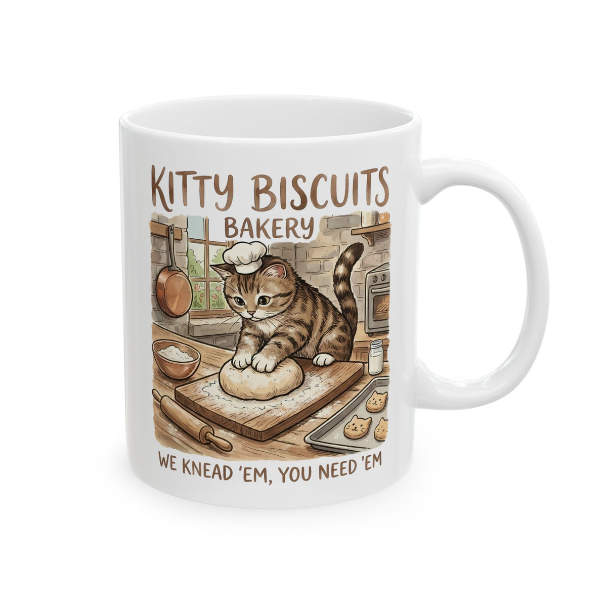 Kitty Biscuits Bakery Ceramic Mug — "We Knead 'Em We Need 'Em" Cat Bakery Mug