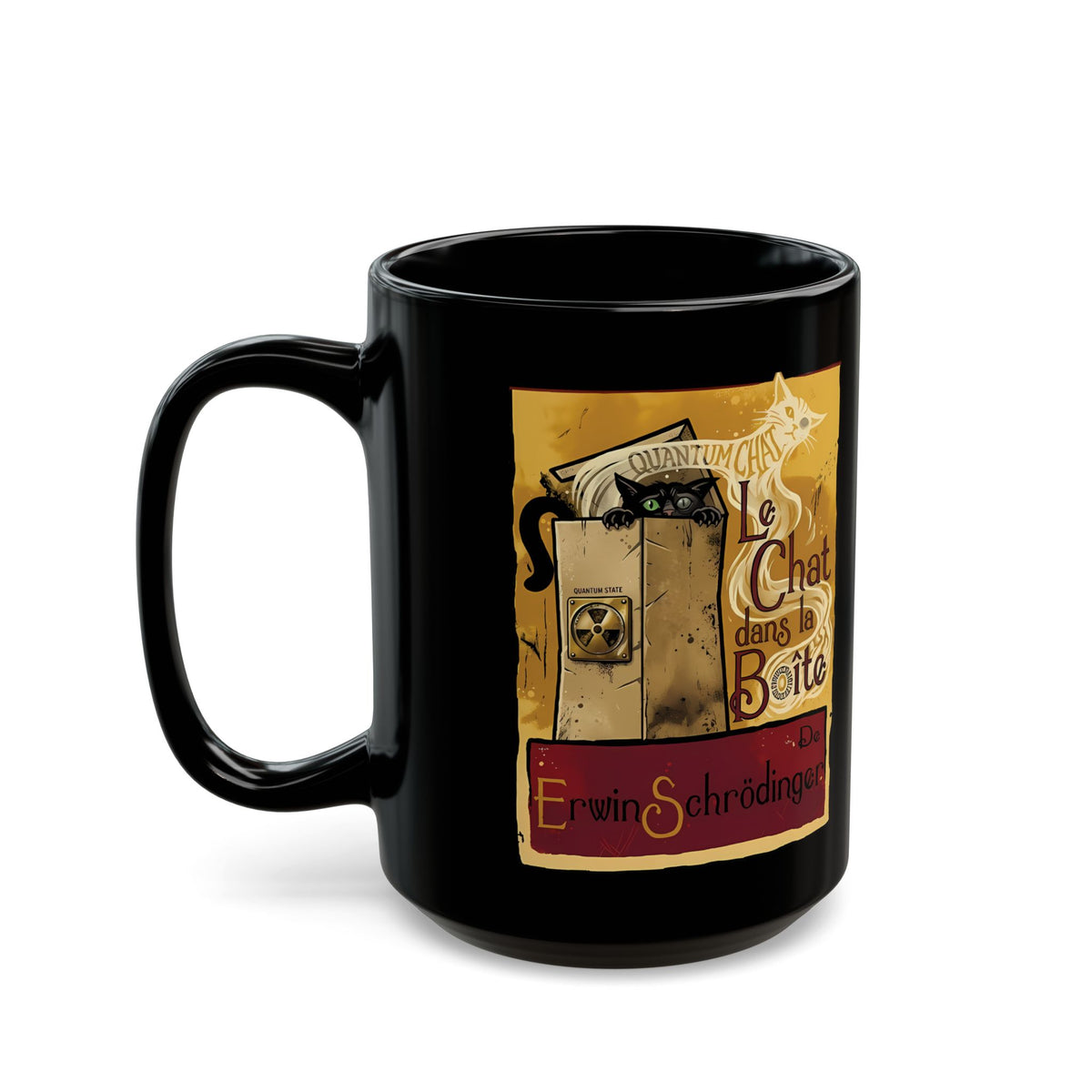 Le Chat dans la Boite Cat Black Mug — Cute French Cat Graphic Mug