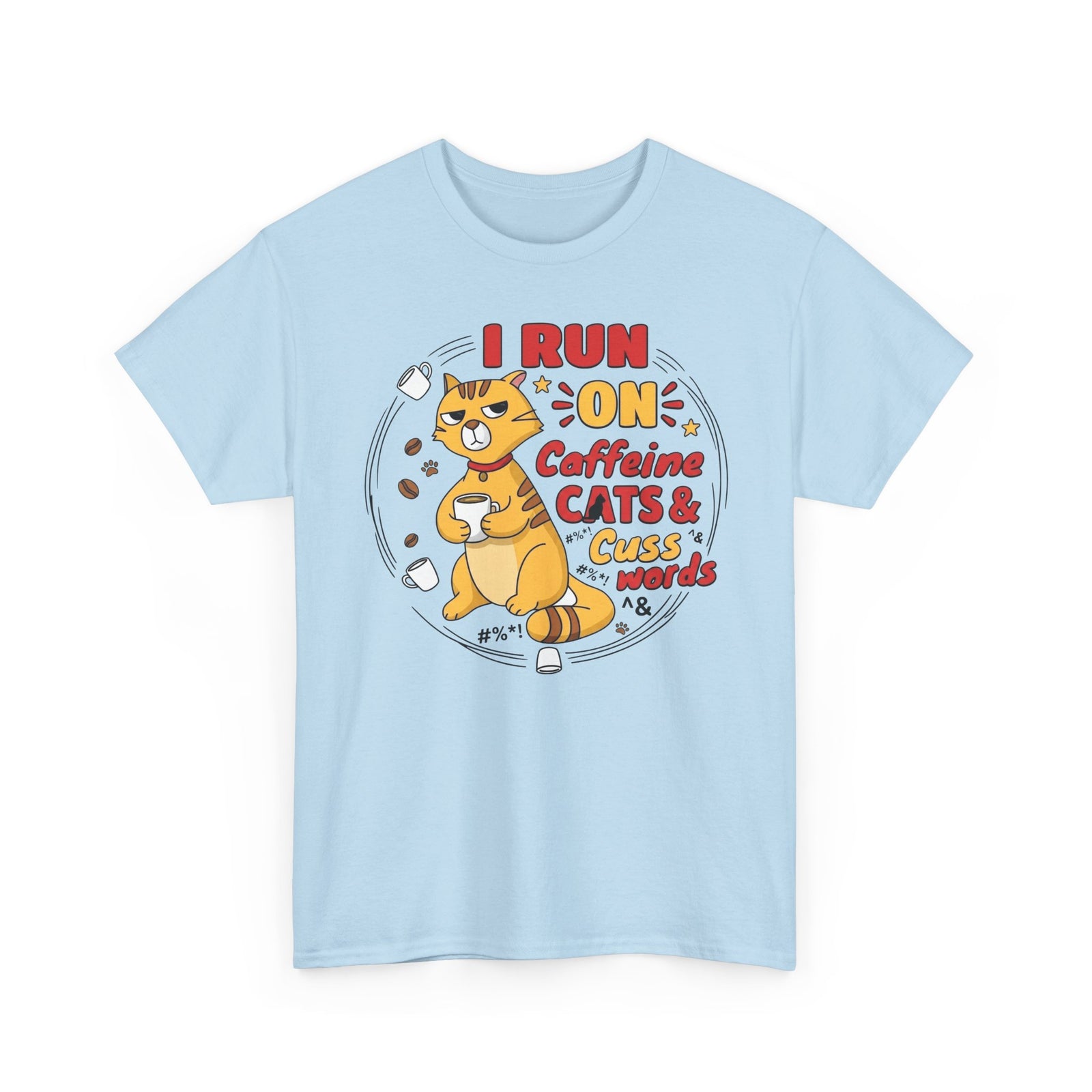 Caffeine, Cats & Cuss Words Tee Funny Cat Lover Coffee Shirt