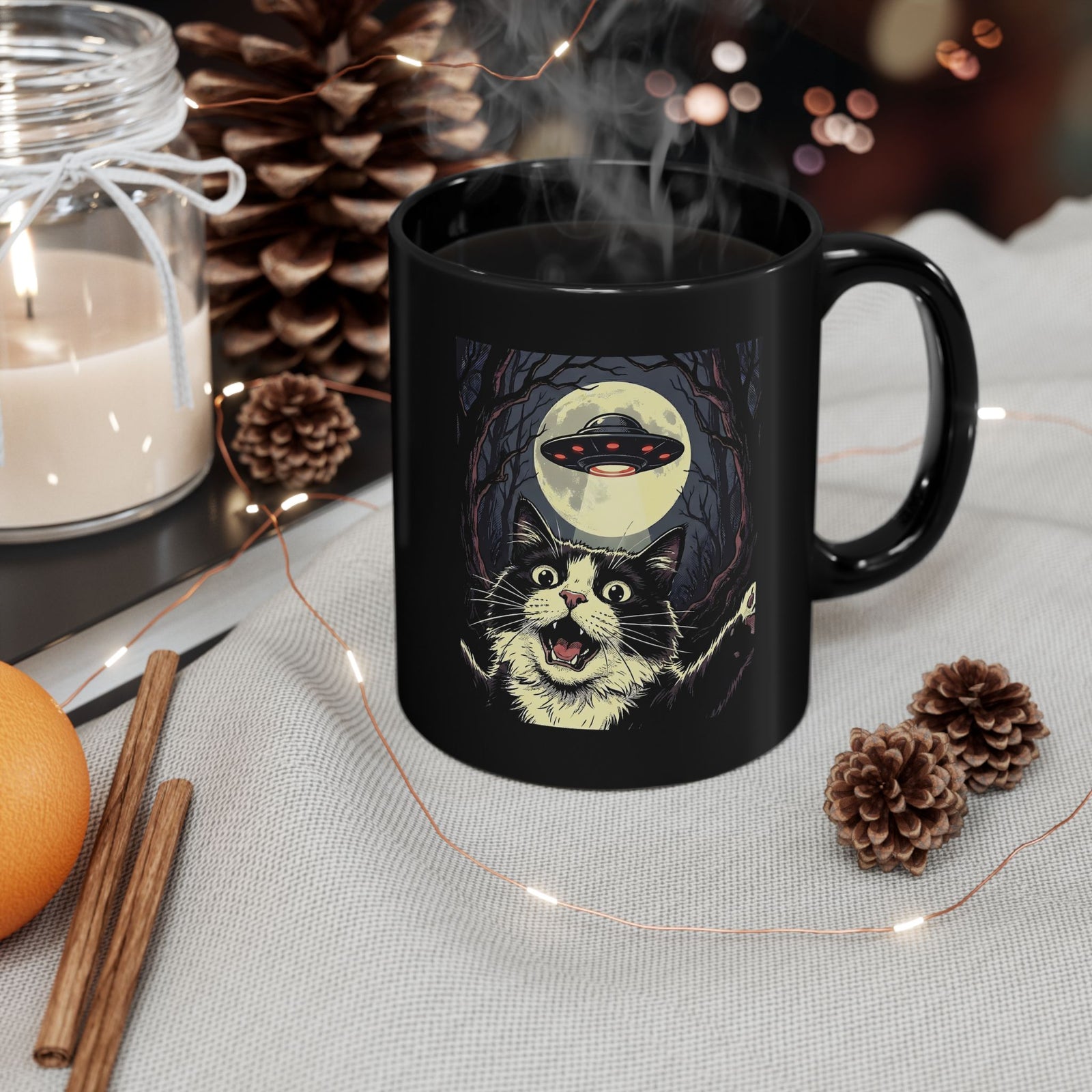 Cat Selfie With UFO Black Mug