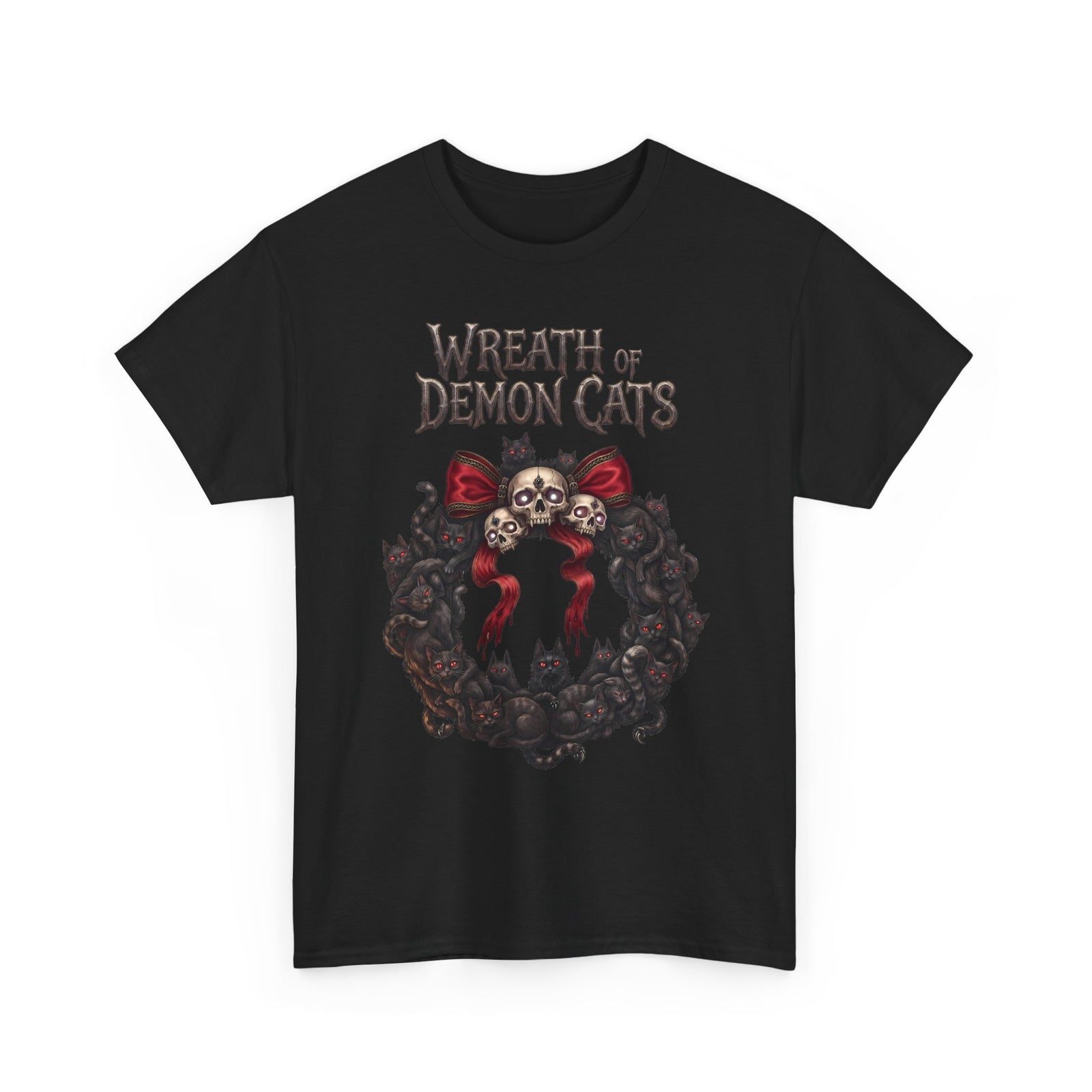 Wreath Of Demon Cats T-Shirt — Gothic Black Cat Skull Wreath Tee