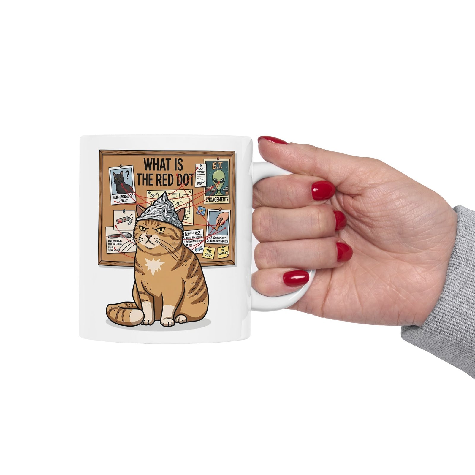 Funny Cat Conspiracy Mug "What Is The Red Dot?" Laser Pointer Humor