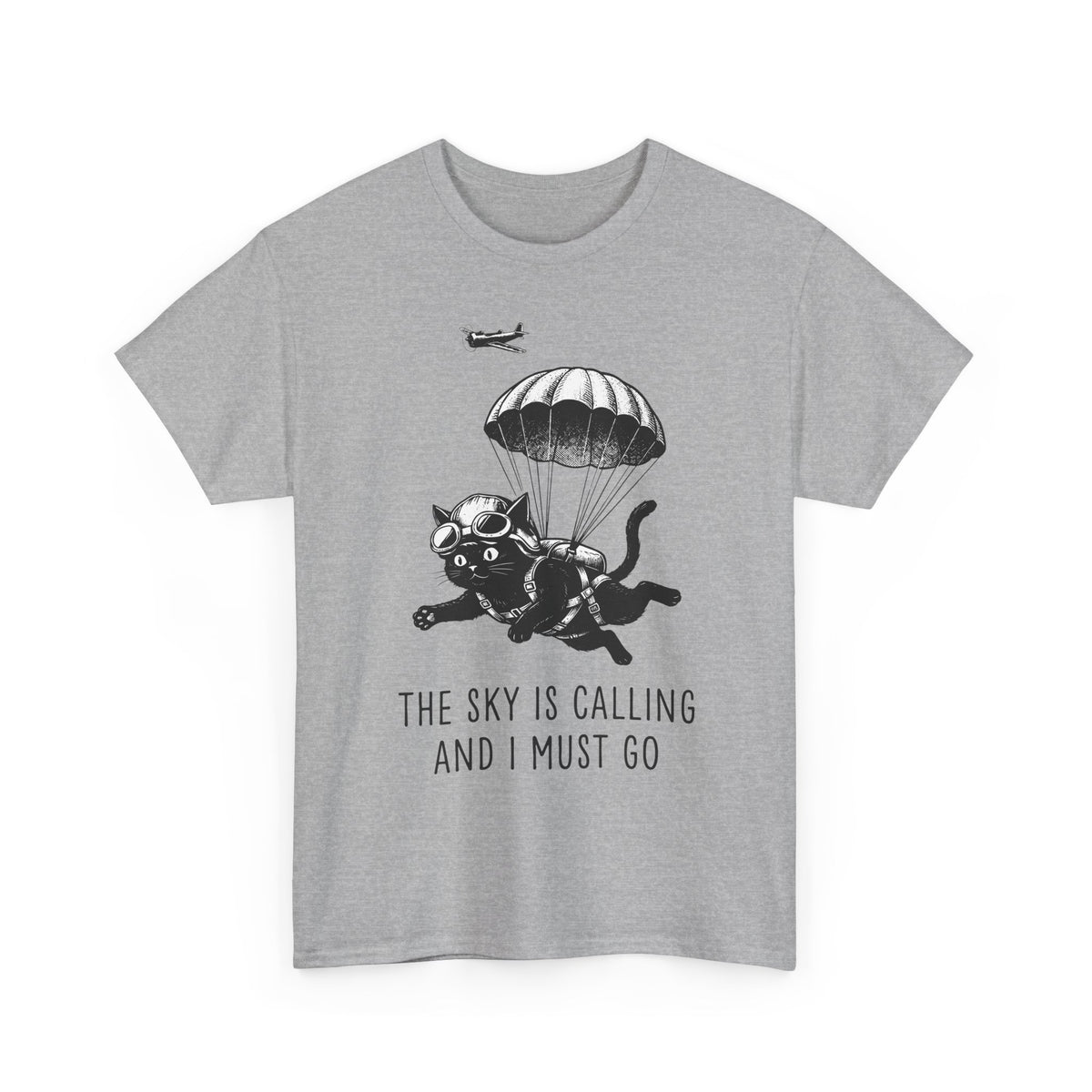 The Sky Is Calling And I Must Go T-Shirt — Funny Parachuting Black Cat Tee