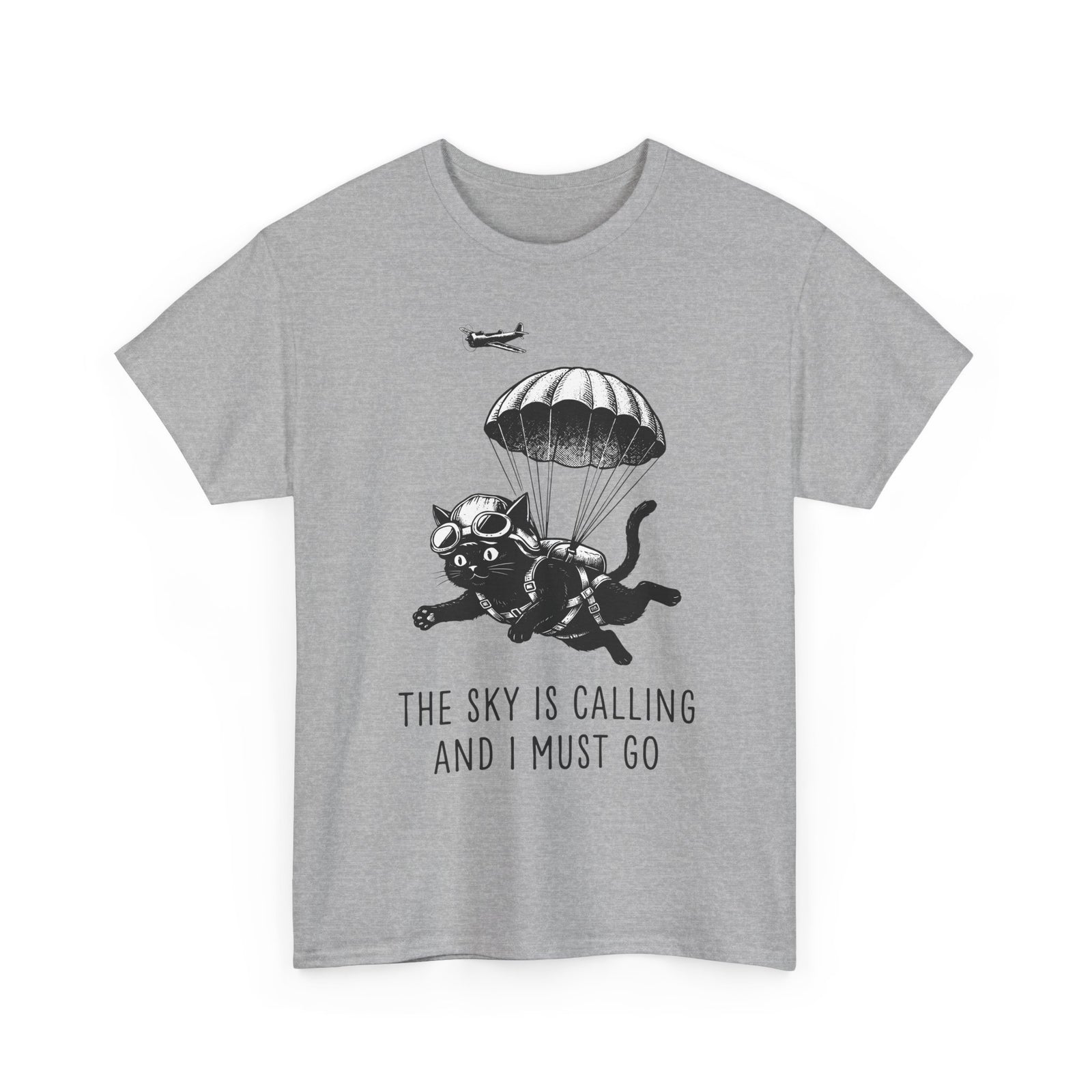 The Sky Is Calling And I Must Go T-Shirt — Funny Parachuting Black Cat Tee